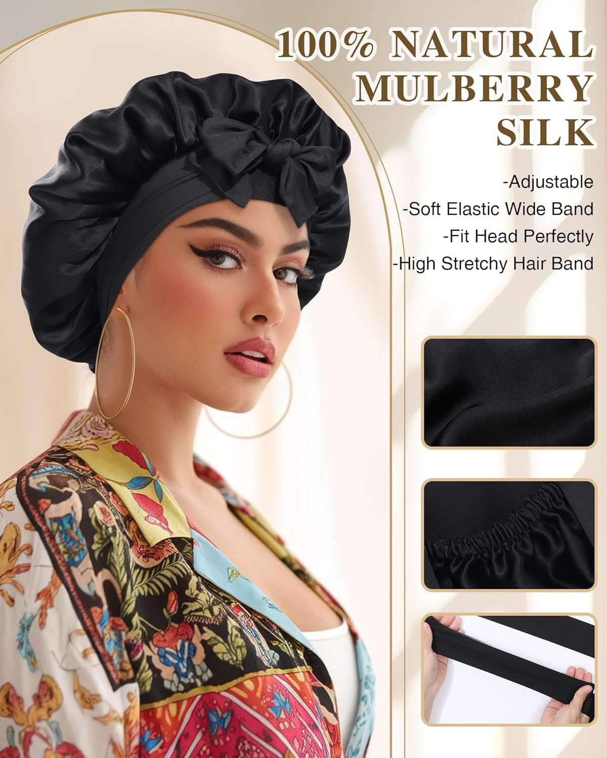 Silk Bonnet for Sleeping 100% Mulberry Women Double Layer Silk Sleep Cap with Adjustable Elastic Band Silk Hair Wrap - Champagne+Off-White image number 2