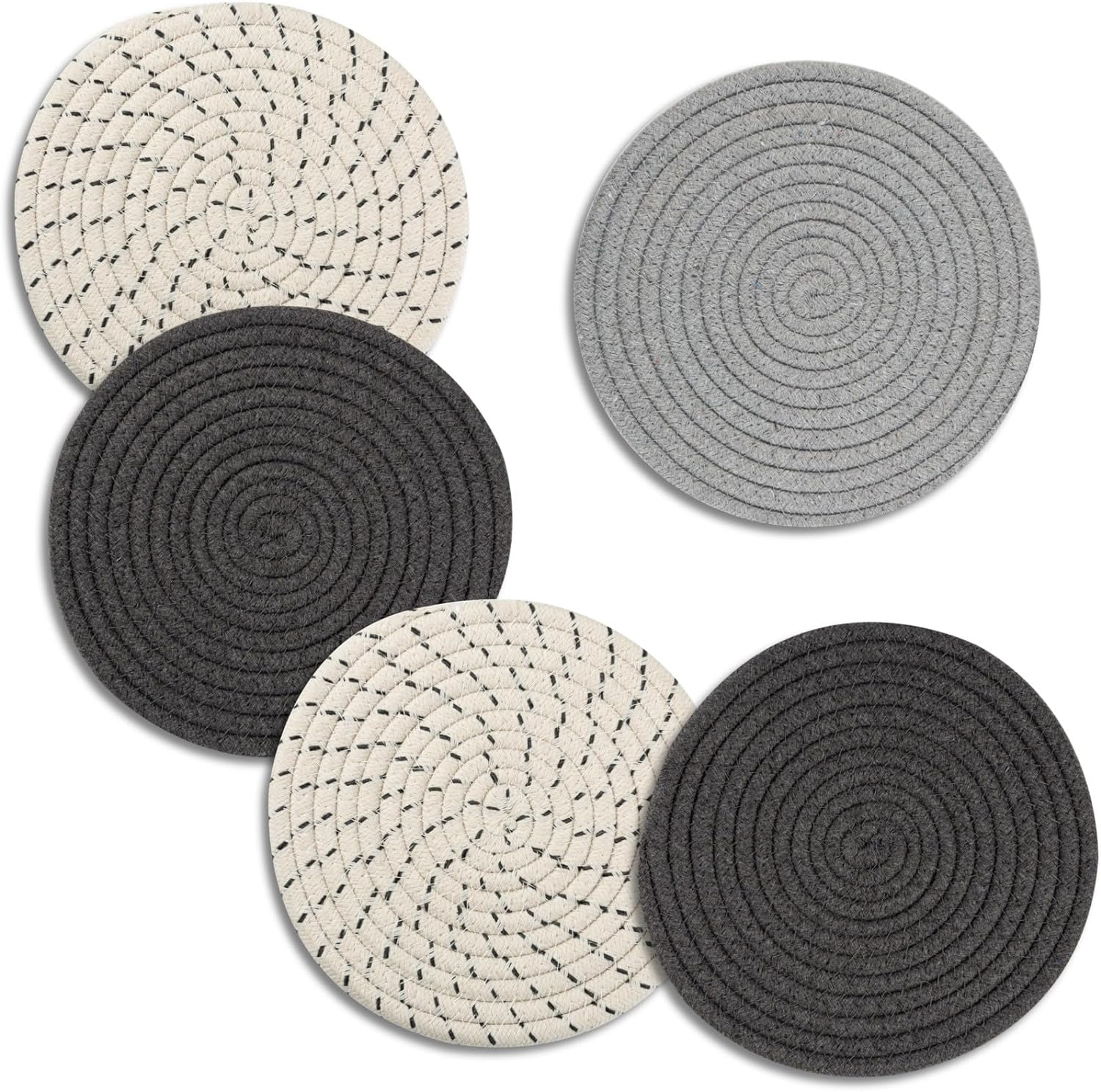 Trivets for Hot Dishes, Large Trivet for Hot Pots and Pans 8 Inches, Hot Pads for Kitchen Table, Coasters Cotton Mat to Protect Counter, Cooking Potholder (Black 5 Pcs)