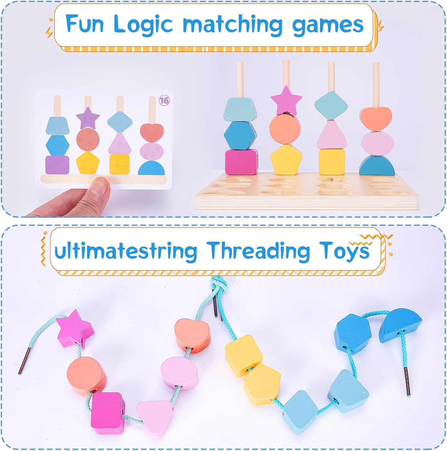 Montessori Wooden Beads Sequencing Toys, 3 in 1 Stacking Blocks & Lacing Beads & Matching Shape Stacker for 2 3 4 5 Year Old STEM Preschool Learning Montessori Toys Gifts for Kids Boy Girl Toddler image number 1