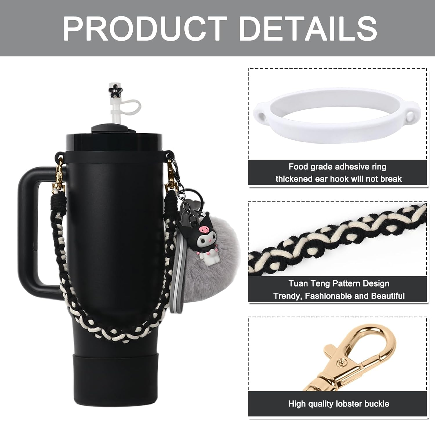 Stanley Cup Accessories Set, Cartoon Cute Kawaii Pom Pom Design Water Bottle Handle Strap, Silicone Stanley Cup Boot, Stanley Charms for Stanley Cup 30/40Oz Tumble image number 4