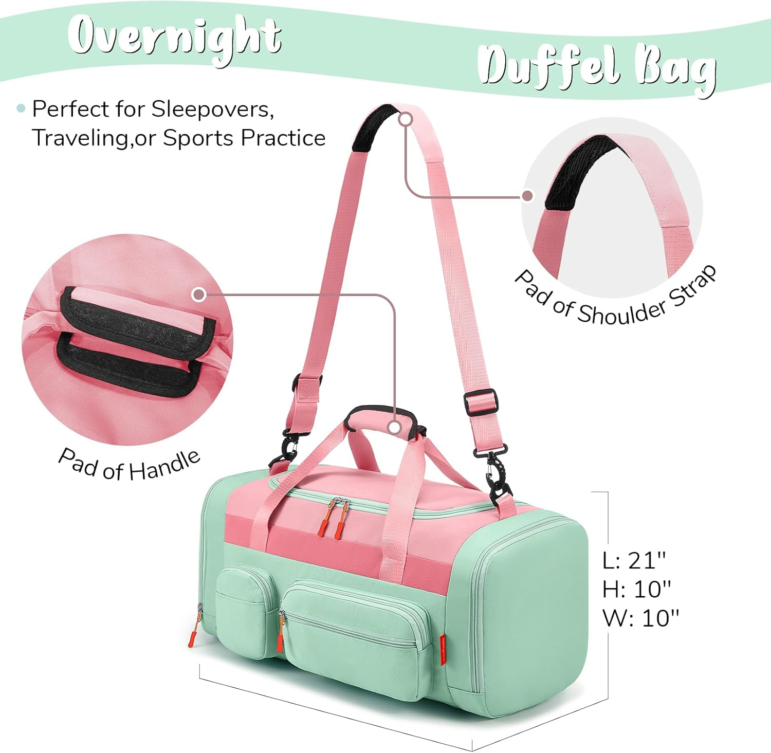 WOOMADA Large Kids Duffle Bag for Travel, Overnight, or Weekender, 20", Pink Green image number 3