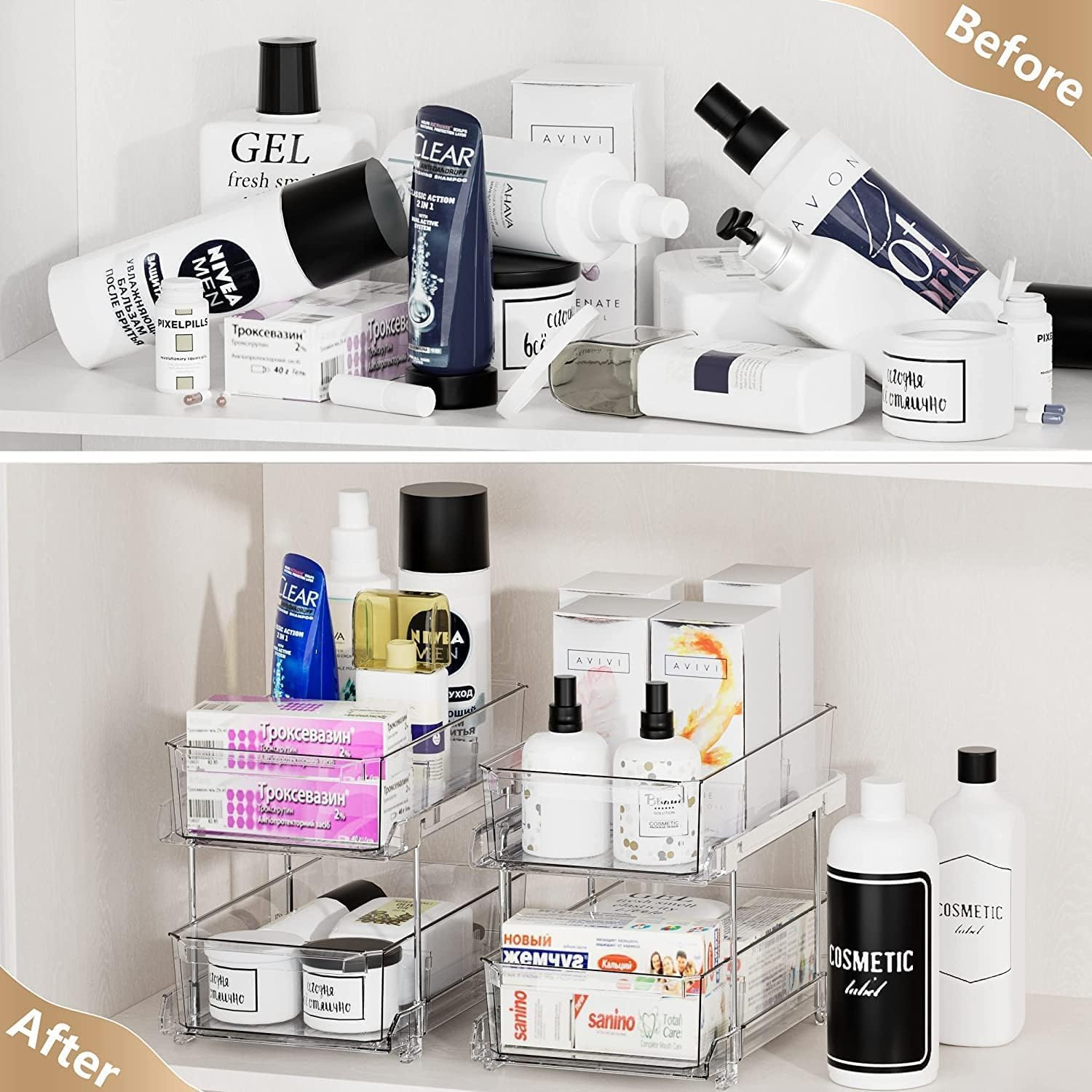 2 Tier Clear Pull Out Cabinet Organizer for Pantry Organiser, Medicine Cabinet Storage Bins, Kitchen Storage and Organisation, under Sink Storage Drawer Organiser for Countertop, Bathroom image number 1