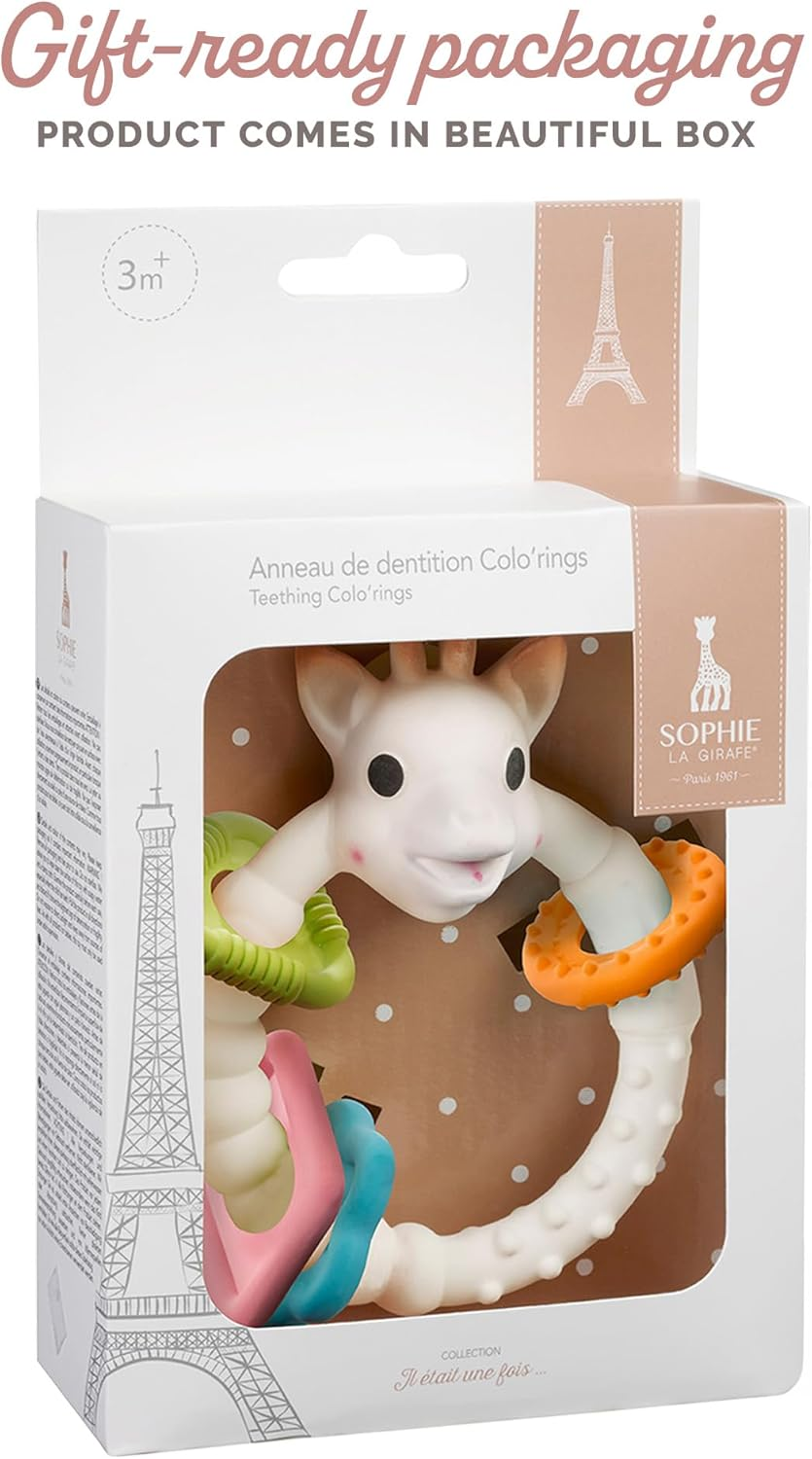 Sophie La Girafe - Colo'Rings So'Pure Teething Ring - 100% Natural Rubber - Textured Relief - Safe for Teething - Fun & Stimulating - Age: 3 M +