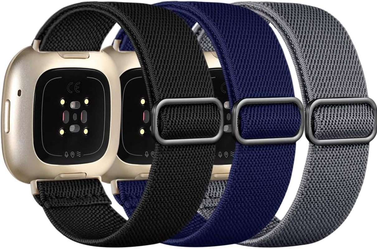 Elastic Band Compatible with Fitbit Sense/Sense 2/Versa 4/Versa 3 for Women Men, Adjustable Stretchy Nylon Solo Loop Sport Wristbands, Strap for Watch