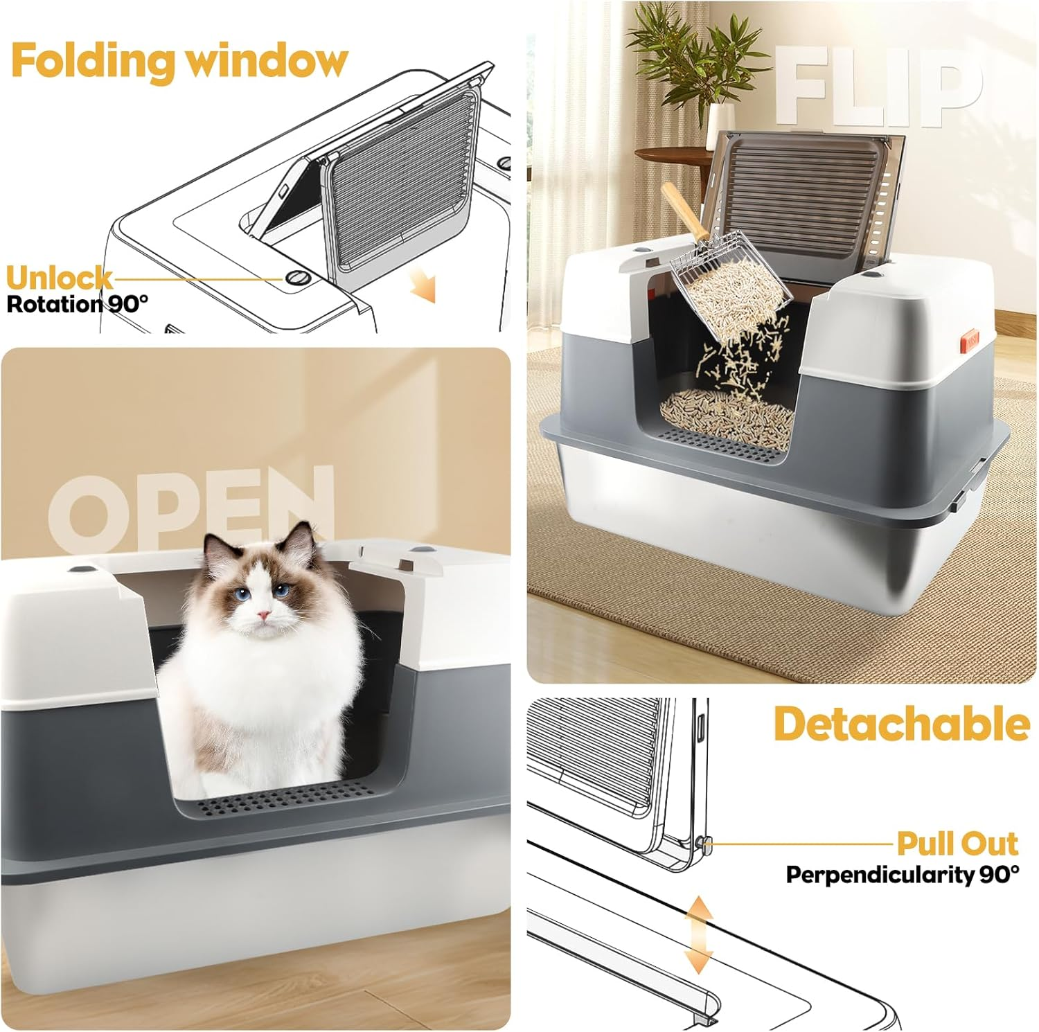 Cat Litter Box with Lid, XXL Stainless Steel Litter Box for Big Cats 3 Layer Removable Litter Box with Lid & Scoop&Pedal, Non-Sticky, Non-Odor, Easy Cleaning, Light Grey image number 2