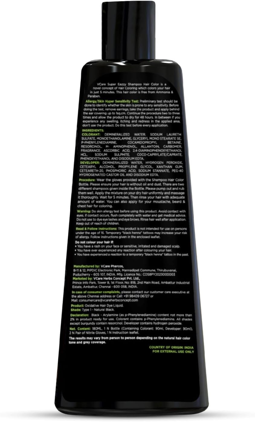 Vcare Super Eazzy Hair Colour Shampoo for Women and Men 180Ml | Only 5 Minute Root Hair Dye Coloring Kit Head, Moustache, Beard, Hands, Chest | No Parabens, Ammonia and Sulfates (Natural Black) image number 1