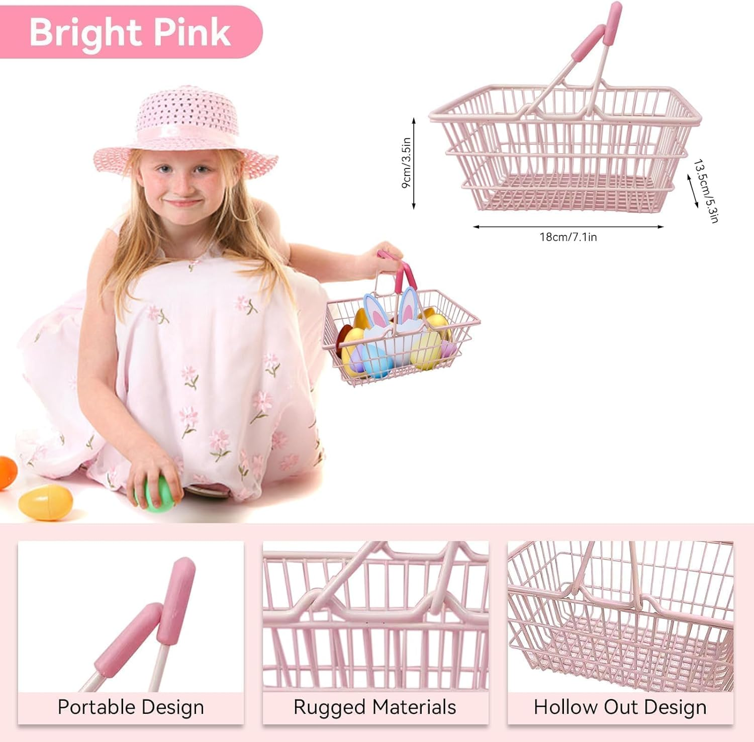 Cyrank Mini Pink Shopping Basket for Kids, Portable Iron Storage Basket with Handles, Good Decoration for Home image number 2