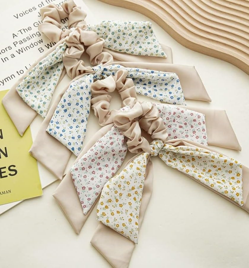 Double Hair Scarf Scrunchies with Ribbon Ties, Bow Scrunchies for Women Girls, Chiffon Floral Scrunchie Short Hair Bows Ties Ponytail Holder (4PCS) (Set 1, One Size) image number 5