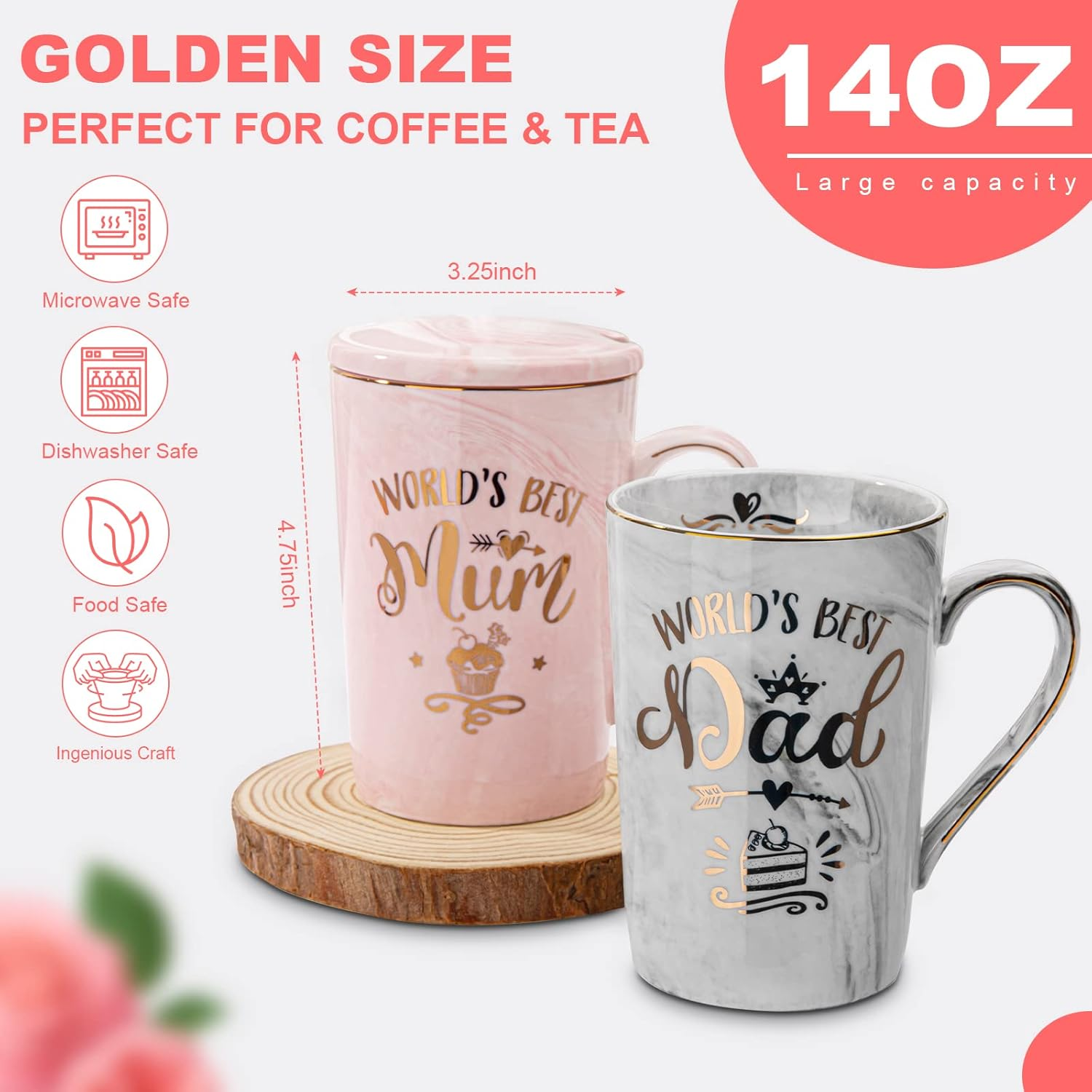 Mum and Dad Coffee Mugs Set - Gifts for Pregnancy Announcement - 14Oz Funny Ceramic Couples Mugs - New Parent Gift, Anniversary Birthday, Marble Cup with Lid Spoon Greeting Card Boxed (Pink & Gray) image number 4