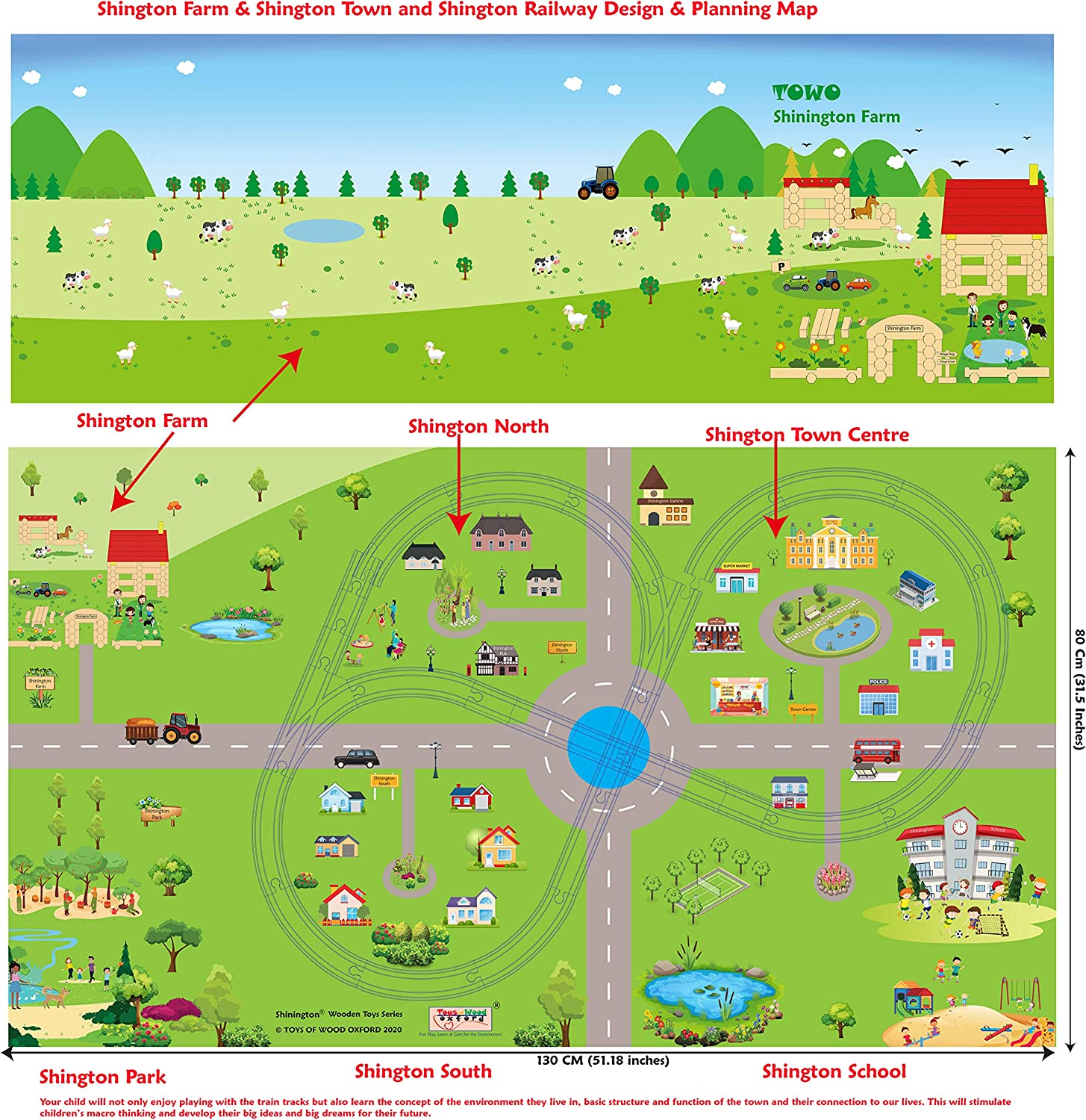 Wooden Train Set with Town Map-Shinington Railway Track Construction Building Toys for 3 Years Old Kids Boys Girls-Vehicles Transport Wooden Toys for Toddlers 3 4 5 Years Old