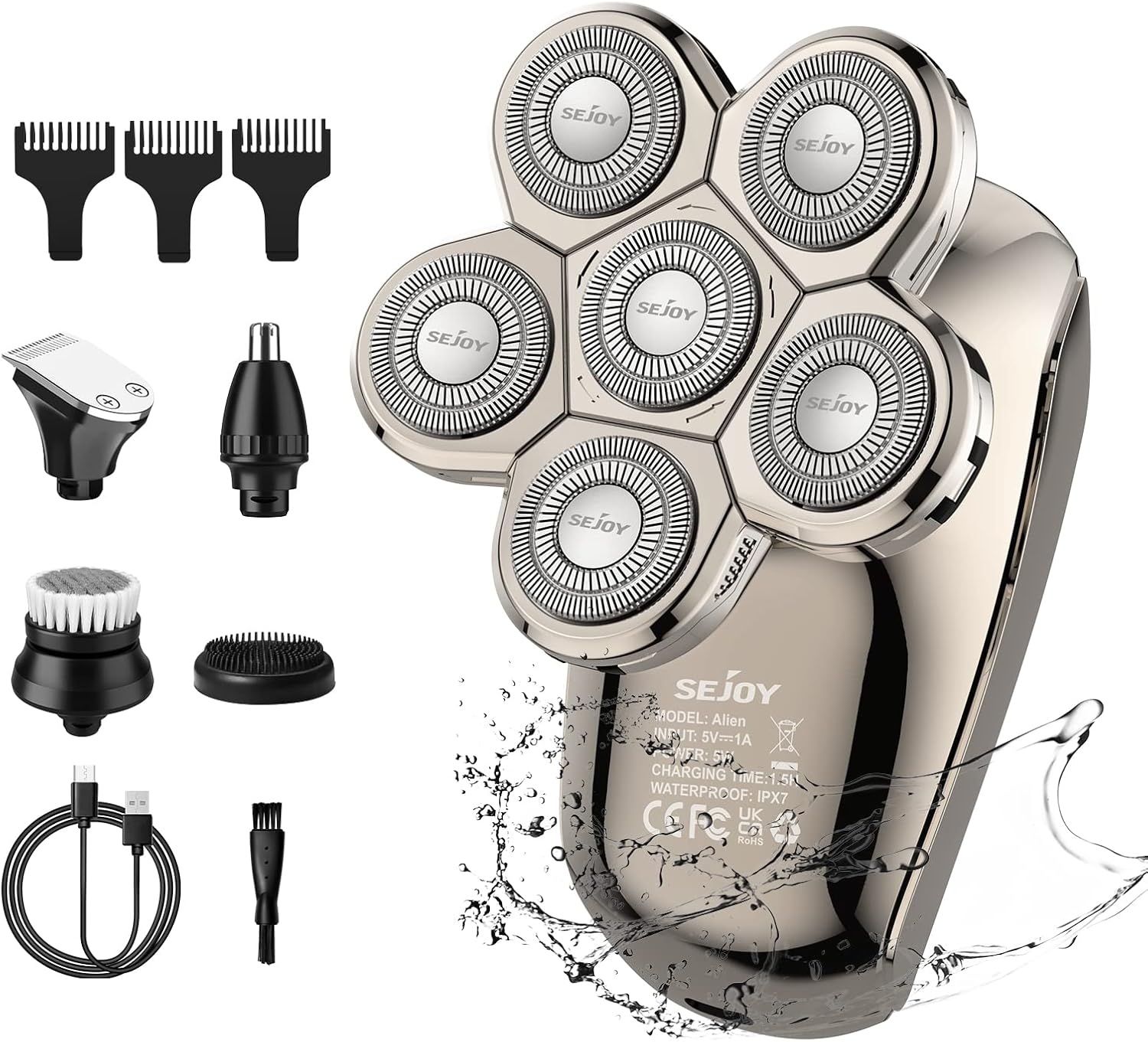 Electric Razor for Bald Men, Bald Head Shavers for Men 5-In-1 Multifunctional 6D Electric Head Shaver Waterproof Recharageable Rotary Shaver Grooming Kit image number 6