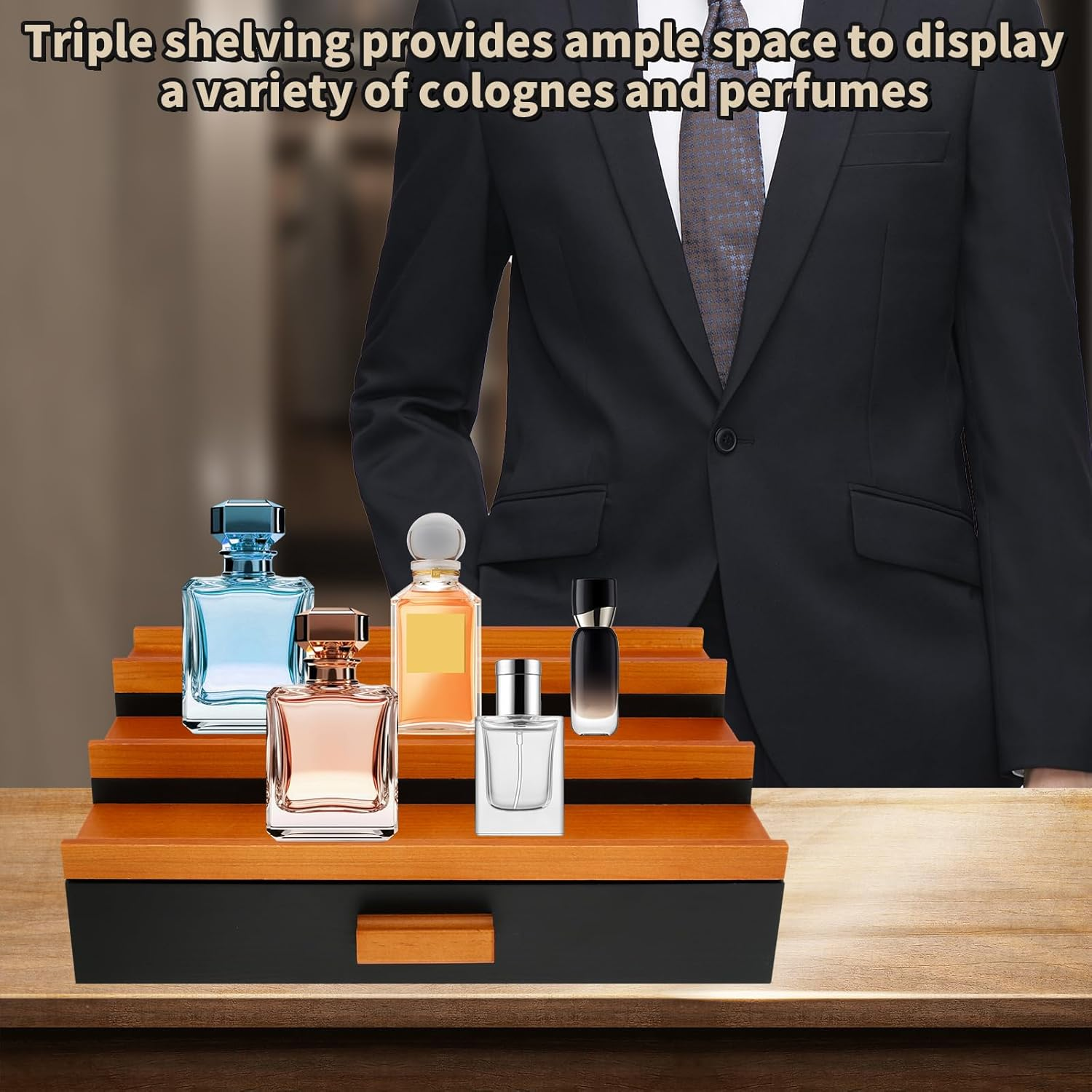 3-Tiers Wood Display Risers Stand, Perfume Storage Display Stand, Versatile Cologne Shelf with Drawer, Elegant Perfume Organizer Steady Cologne Organizer for Home Bedroom (B Set) - B Set image number 3
