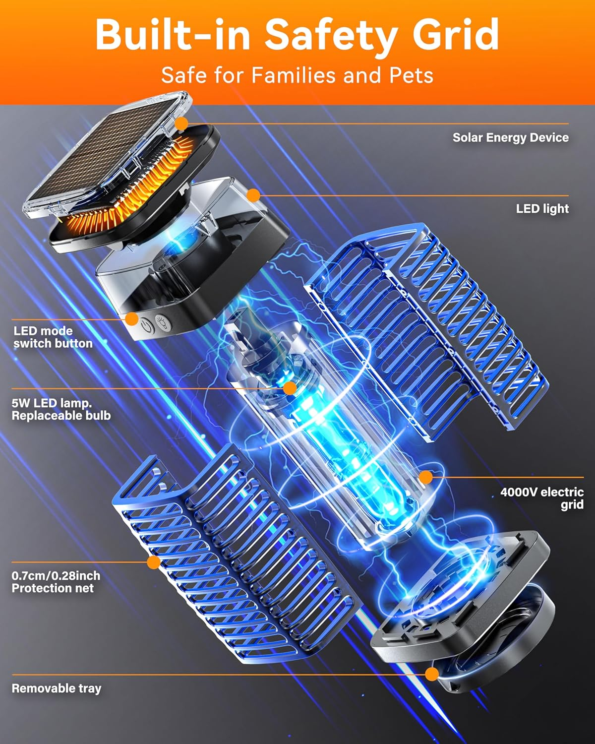 Mosiller Solar Bug Zapper Outdoor - Electric Fly Killer Mosquito Zapper Waterproof, Portable Trap Lamp Brightness Outdoor & Indoor Insect Killer with Panel Sensor for Home, Patio, Backyard, Camping image number 1