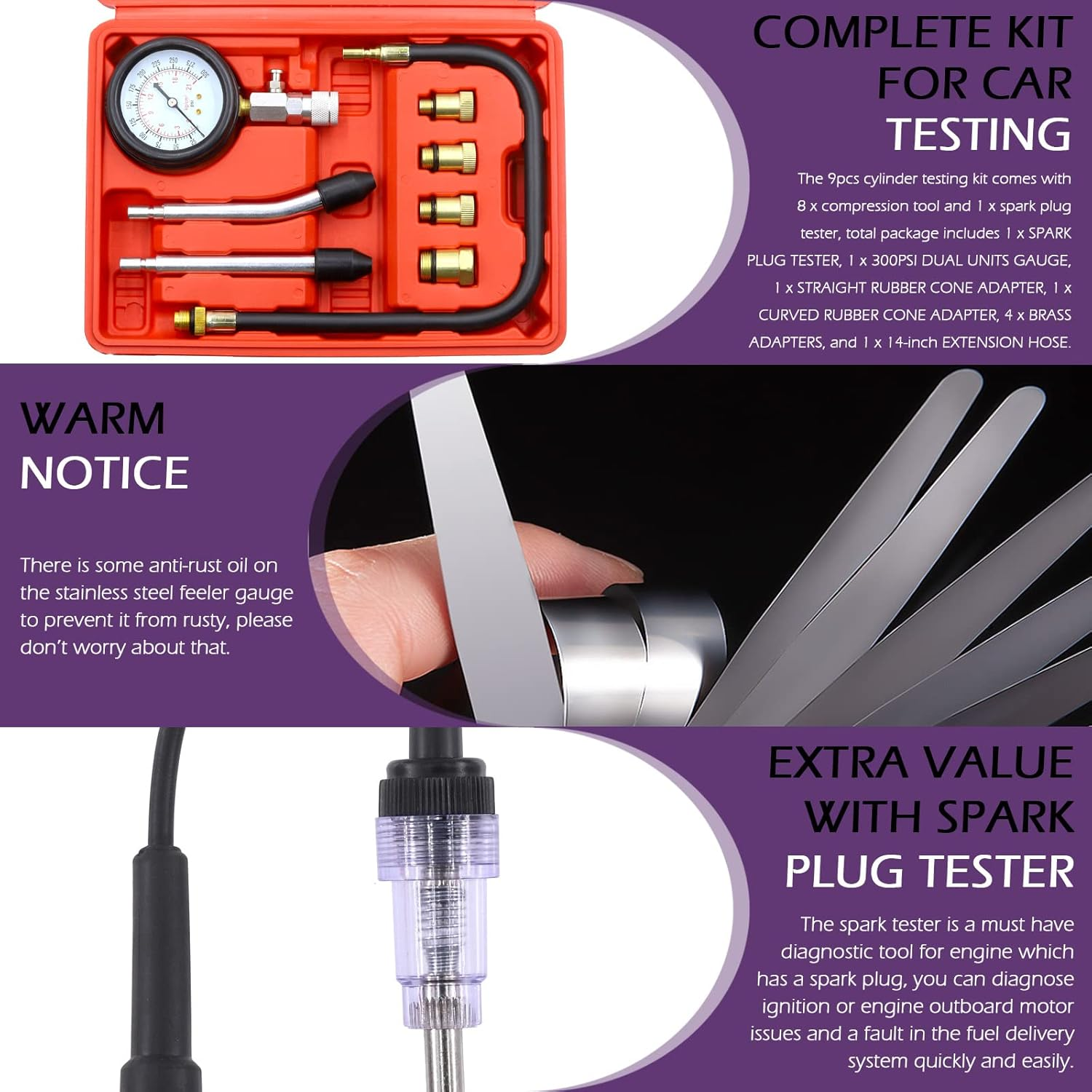 Swpeet 10Pcs Automotive Compression Tester Kit and Spark Plug Tester with Steel Metric and Imperial Feeler Gauge Assortment Kit, Universal Car and Motorcycle Engine Testing Tools image number 2