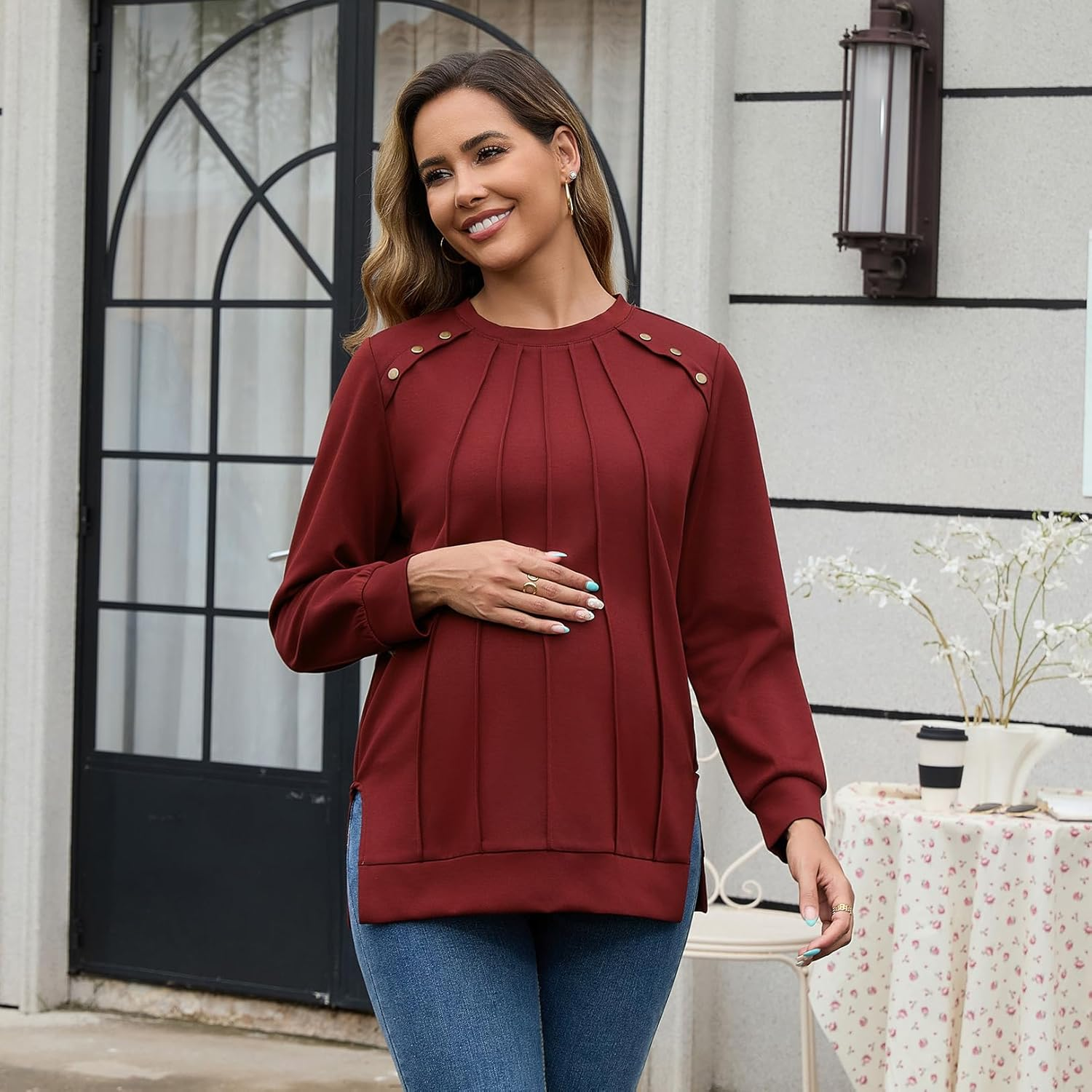 DEBELLY Maternity Sweatshirt Long Sleeve Button Side Split Fall Pregnancy Tops in Front Pleated for Women image number 2