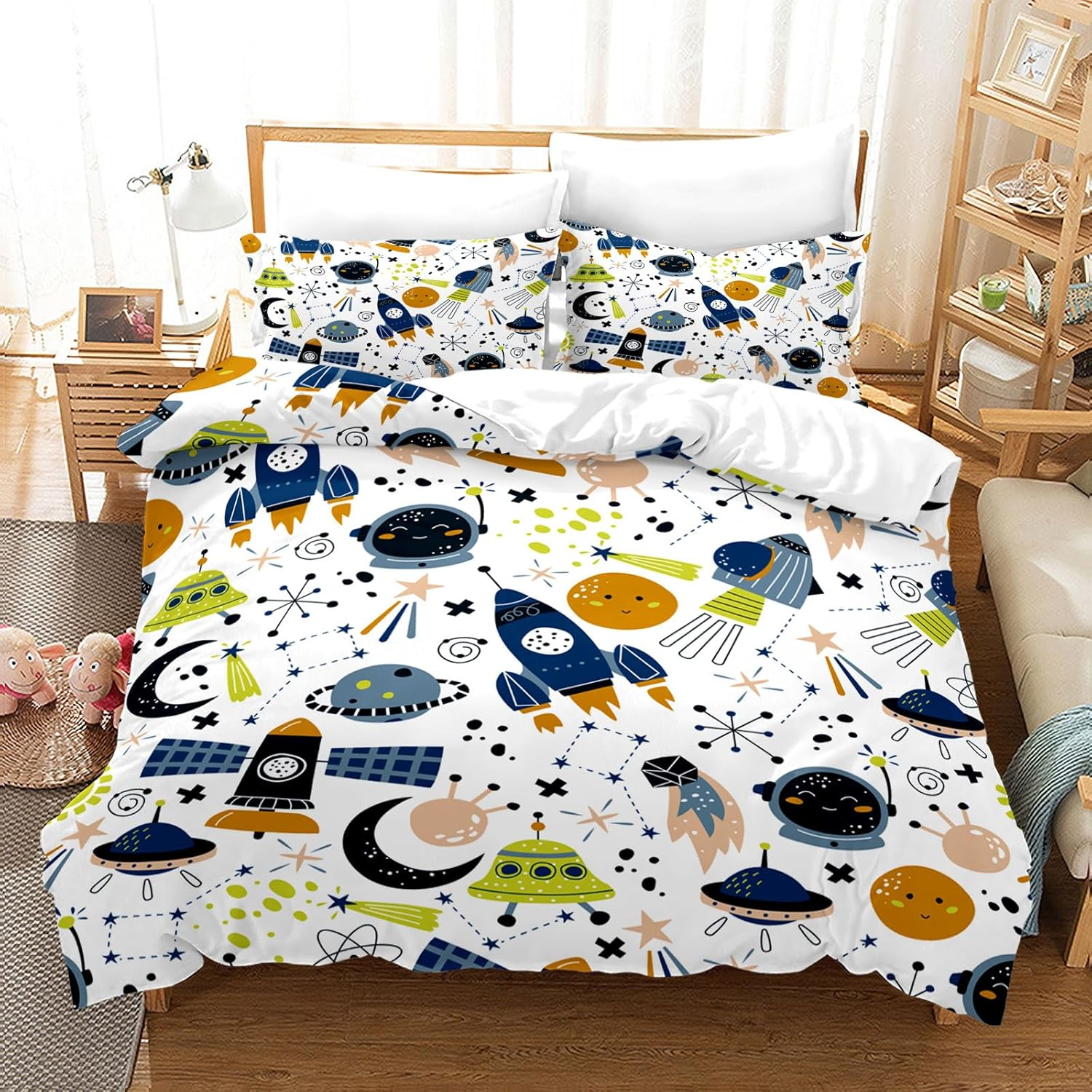 Space Bed Linen 220 X 240 Cm, Universe Planet Rocket Bedding Set Boys Girls Children White Blue Rocket Stars Planets Pattern with Pillowcase 50 X 75 Cm (B, 220 X 240 Cm)