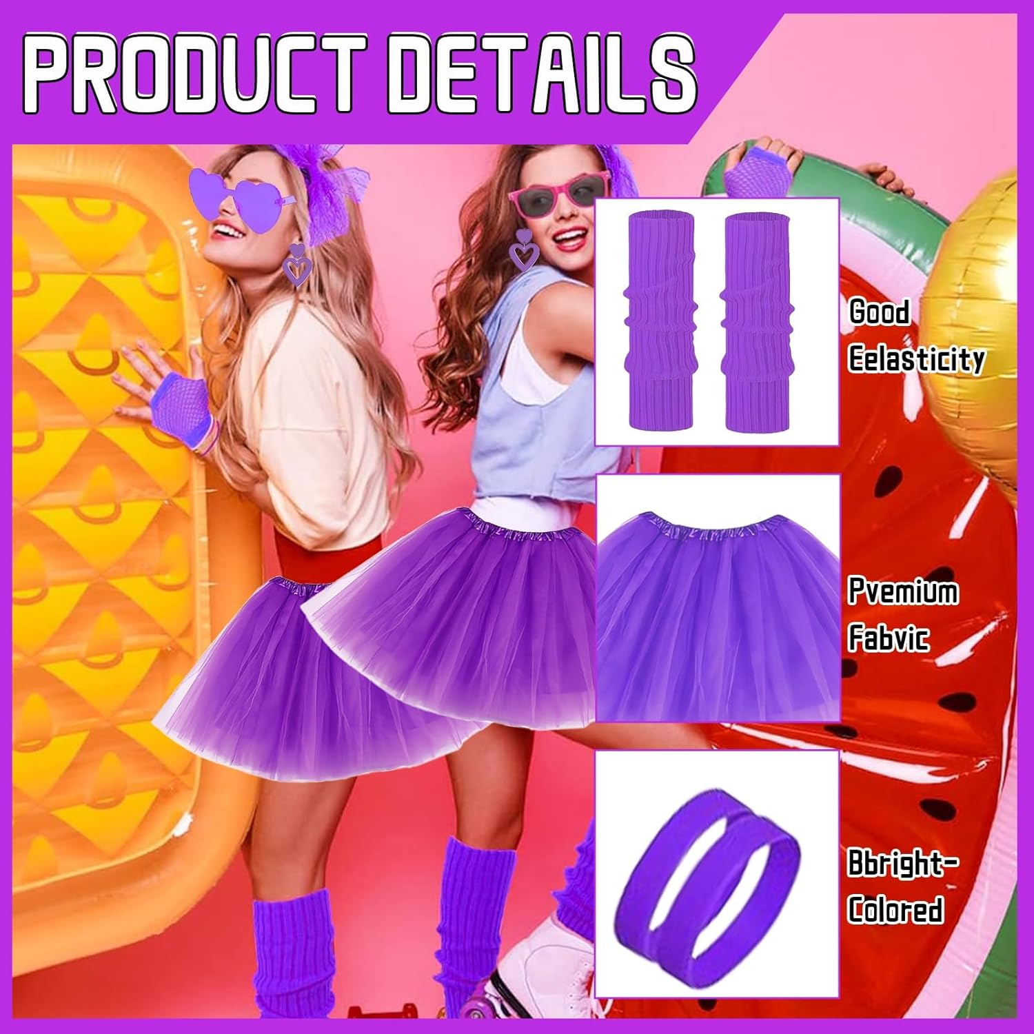 80S Party Decoration Costume Set, 80S Fancy Dress for Women with Leg Warmers,Sunglasses, Tutu Skirt, Earrings, Fishnet Gloves, Necklace, Party Costume Accessories Set for Retro Theme Party