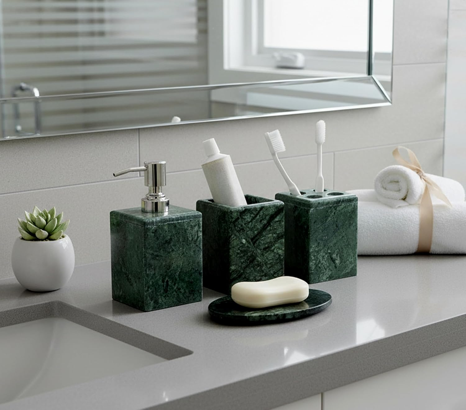 KLEO - Bathroom Accessory Set Made from Natural Green Stone - Bath Accessories Set of 4 Includes Soap Dispenser Toothbrush Holder Tumbler and Soap Dish (Green)
