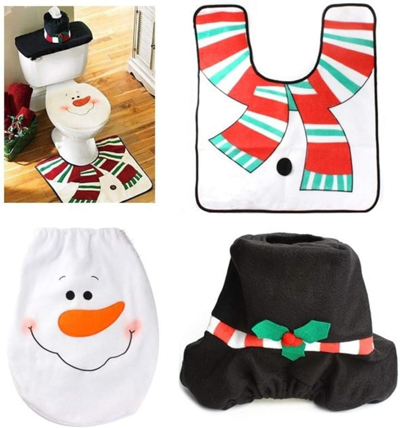Set of 3 Snowman Christmas Toilet Cover Set, Festive Bathroom Decor with Soft Seat Cover, Tank Lid Cover & Non-Slip Mat for Holiday Home Decoratio image number 1