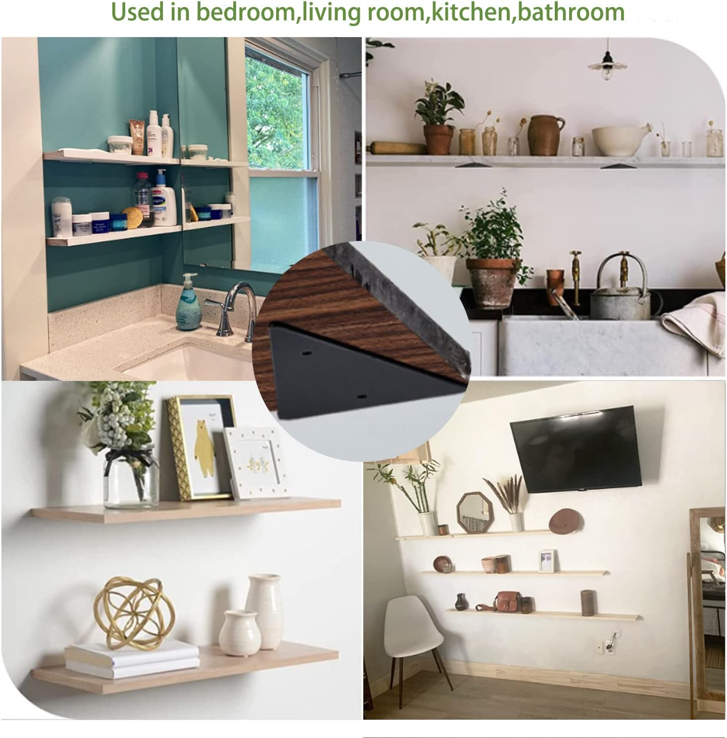 Halyuhn Floating Shelf Bracket 8 Pcs for Floating Wood Shelves, 4 X 3 Inches Black Floating Shelves Brackets with 2 Inches Anchor Screws, Shelf Brackets Set for Wood Shelf, Floating Shelf Hardware