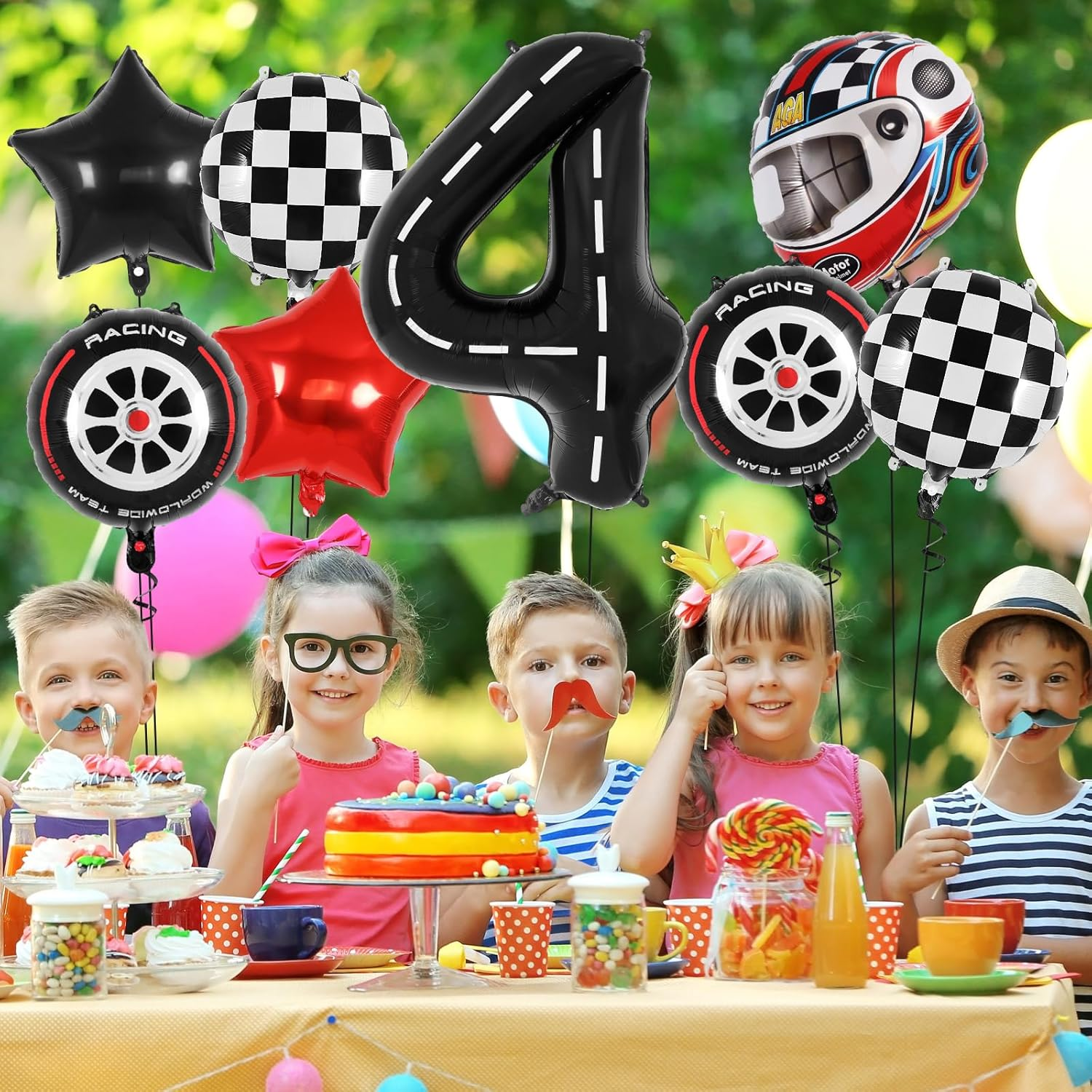 Race Car Birthday Balloons, Racetrack Number 4 Balloon, 40 Inch Large Foil Black 4 Balloon for 4 Year Old Birthday Race Car Themed Party Decoration image number 3