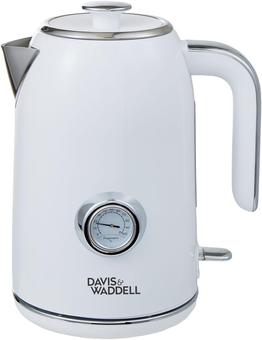 Davis & Waddell Manor Electric Kettle, White 1.7L 22X15.4X26Cm - Vintage Silhouette, Stainless Steel Body, Integrated Temperature Gauge, Mirror Chrome Accents, Stylish Everyday Kitchen Essential