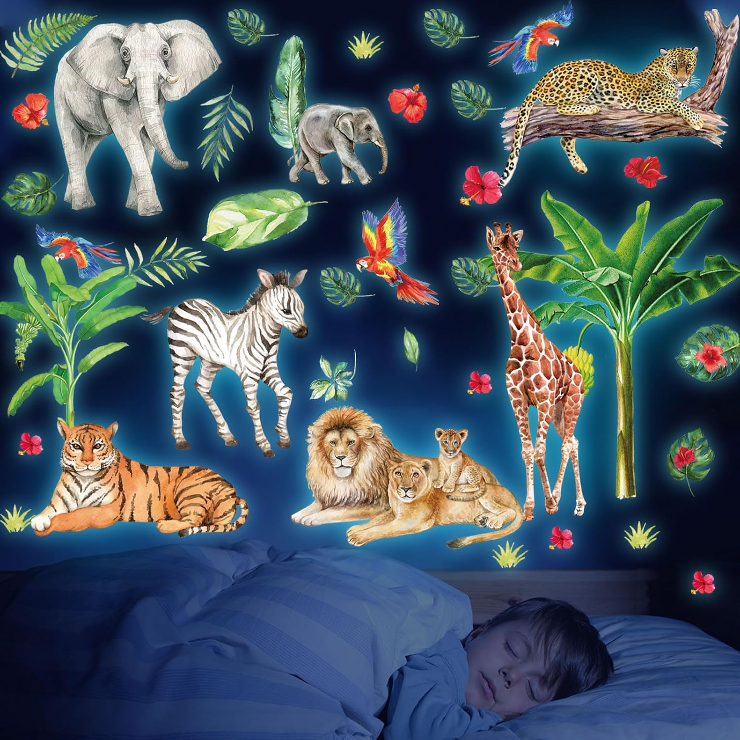 Glow in the Dark Jungle Animals Wall Decals,Glowing Luminous Safari Animals Wall Stickers Removable Self-Adhesive Forest Tiger Elephant Palm Trees Decals for Boys Girls Bedroom Kids Nursery Decoration