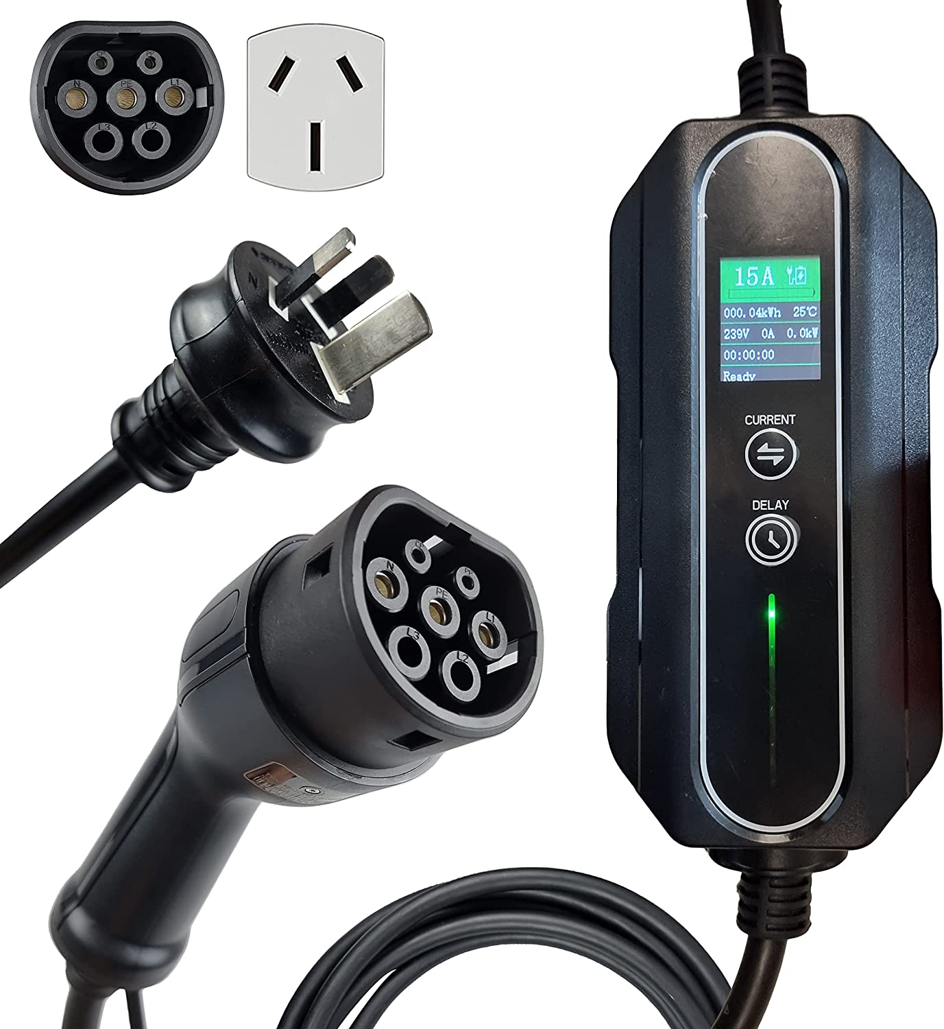 Portable EV Charger 15A Type 2 Adjustable 15 Amp 3 Pin Australia Plug to Type2 5 Metres Max Power 3.4Kw Fit Tesla Model Y Tesla Model 3 BYD MG EV UMC Replacement