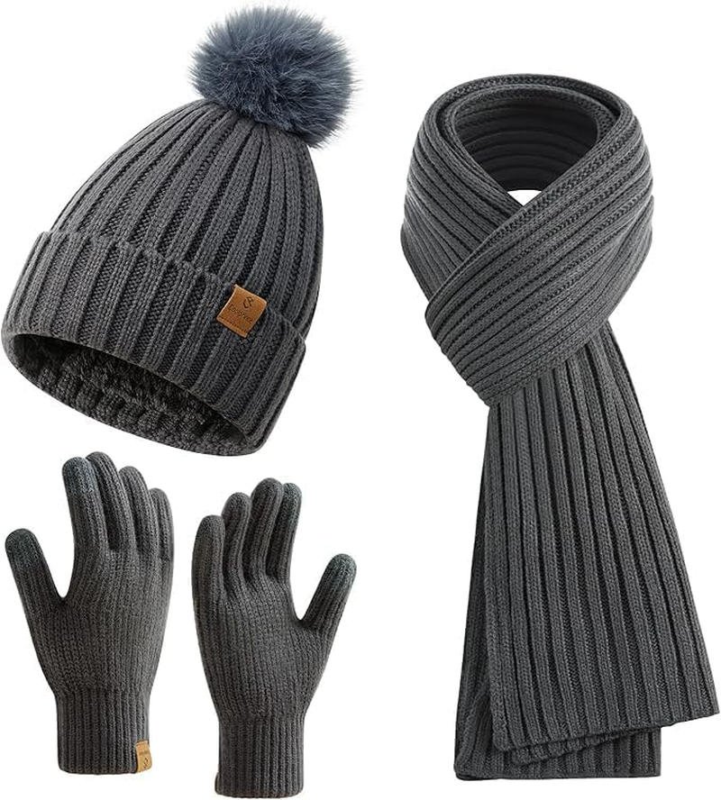 Womens Long Scarf Gloves and Hat Set Cold Weather Hat Scarf Glove Set for Women Winter Beanie Hats with Pom Pom