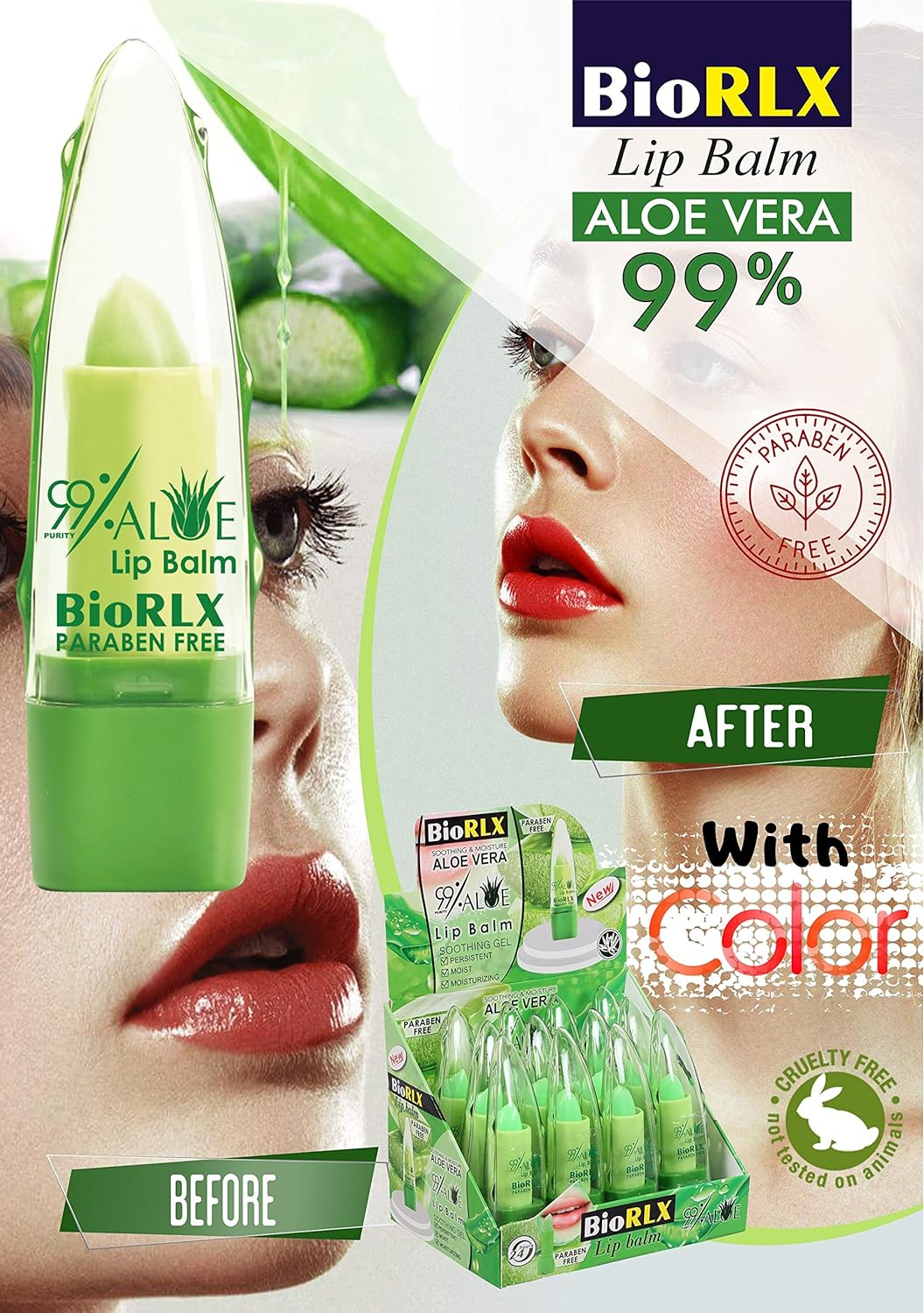 Biorlx 99% Aloe Vera Lip Balm with Color, Moisturizing Lip Plumper Temperature Color Change Lipstick Long Lasting Nutritious Aloe Vera (Two Bottles Lip Balm, Tinted) image number 4
