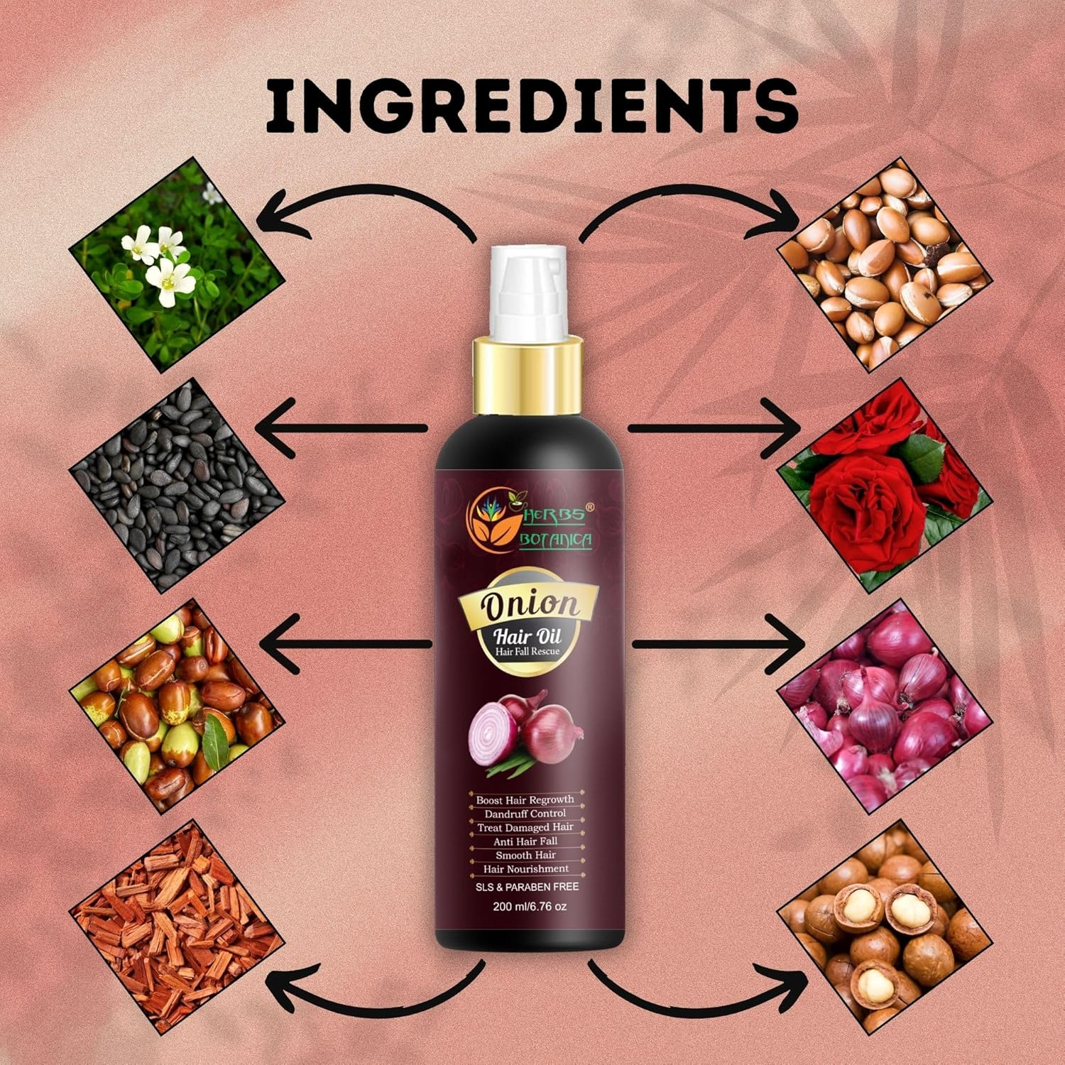 HERBS BOTANICA Red Onion Hair Oil with Black Seed Oil, Jojoba, Argan, Tea Tree, Sandalwood, Rose - Hair Growth Essentials and Hair Loss Control, 6.76 Fl Oz