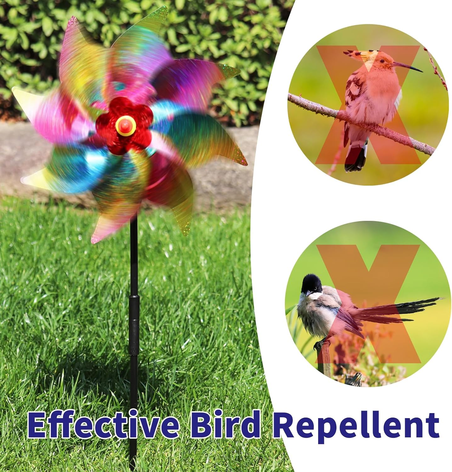 10 Pieces 21 Inches Rainbow Reflective Pinwheels with Stakes Windmill Wind Spinners Outdoor for Yard Garden Lawn Farm Decor Bird Repellent, Large Plastic Foil Pin Wheels for Birds Animal Deterrent