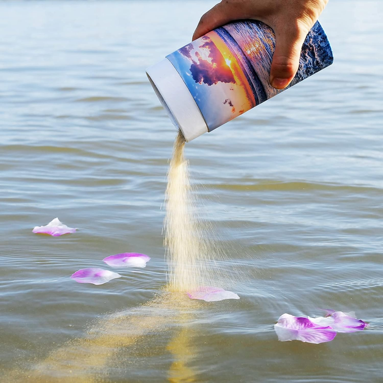 40 Lbs Small ECO Scattering Tube Urn for Human Ashes, Biodegradable Decorative Spreading Cremation Urn for Adult Male Female Pet Dog Cat Ashes, Including ECO Artificial Flowers(Sea&Beach Sunset)