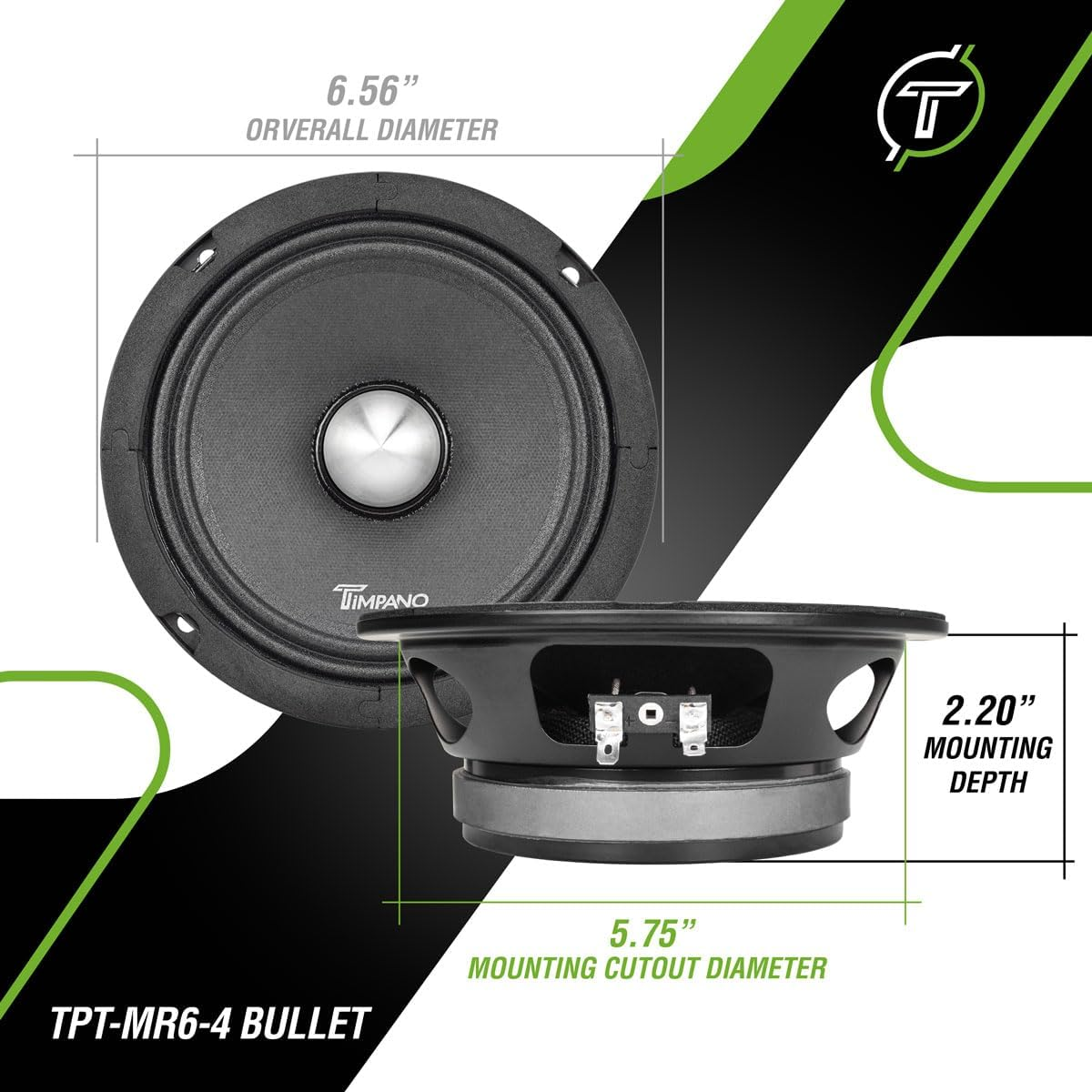 Timpano 1600 Watts Bundle 2X 6.5 Midrange Speakers TPT-MR6-4 Bullet 500 Watts, 4 Ohm + 2X Super Tweeters TPT-ST2 Chrome for Car Audio Systems (2 Speakers, 2 Tweeters) image number 4