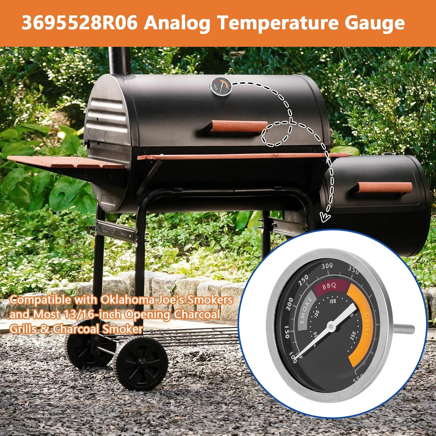 3695528R06 Analog Smoker Temperature Gauge Compatible with Oklahoma Joe'S Smokers and Most 13/16-Inch Opening Charcoal Grills & Charcoal Smokers, BBQ Temp Gauge Stainless Steel Thermometer (2Packs) image number 3