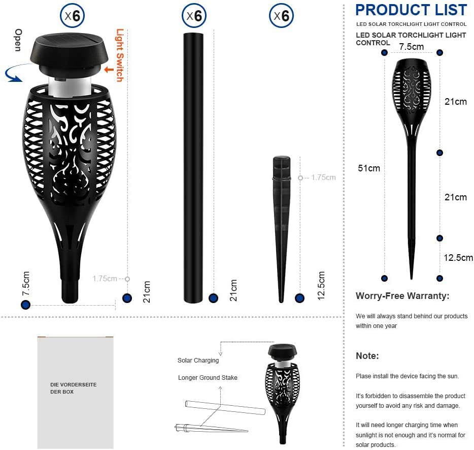 Solar Torch Light with Flickering Flame, 6 Pack Torches Solar Landscape Lights Outdoor Christmas Decoration Lights for Pathway Garden Patio Yard Auto On/Off IP65 Waterproof image number 2