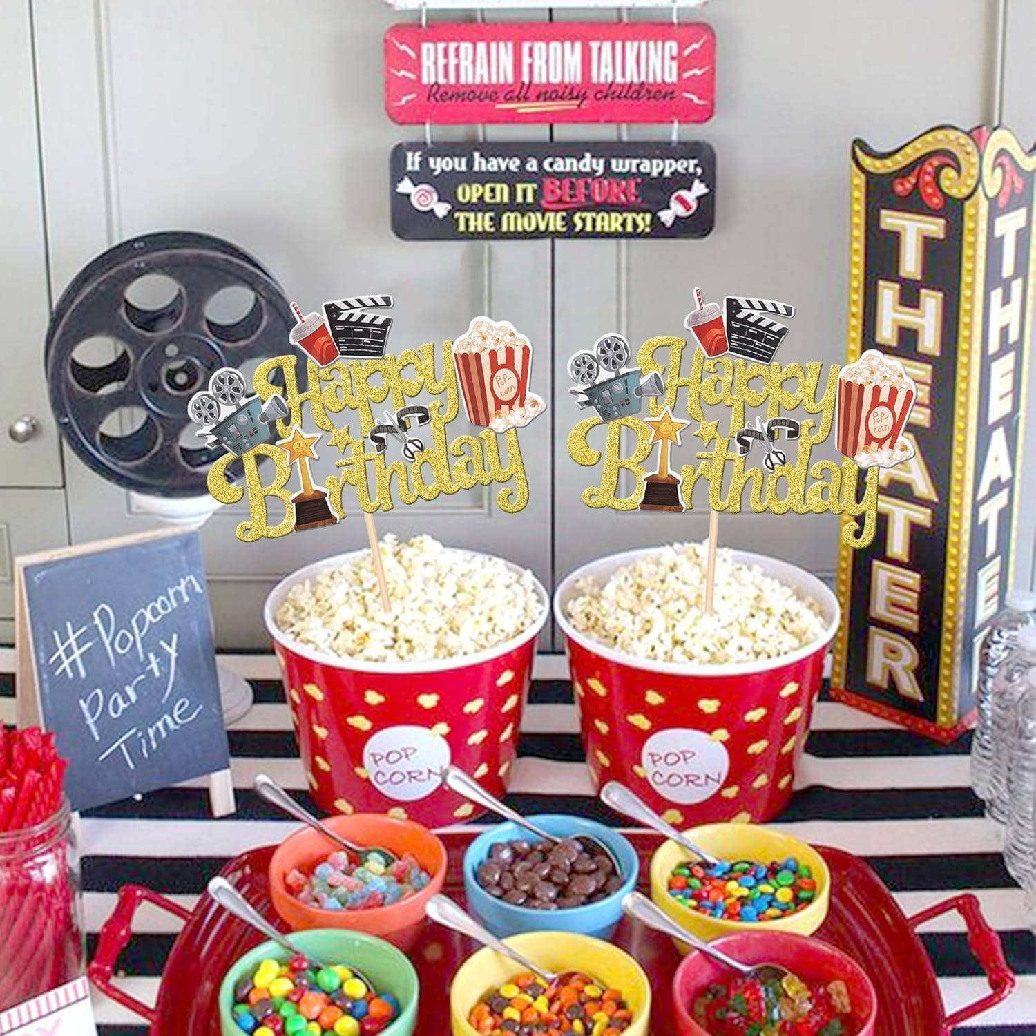 SYKYCTCY 1 Pack Movie Night Cake Topper Happy Birthday Sign Cake Pick Decorations for Theater Video Recorder Roll Camera Popcorn Hollywood Theme Family Film Baby Shower Birthday Party Supplies (Gold) image number 3