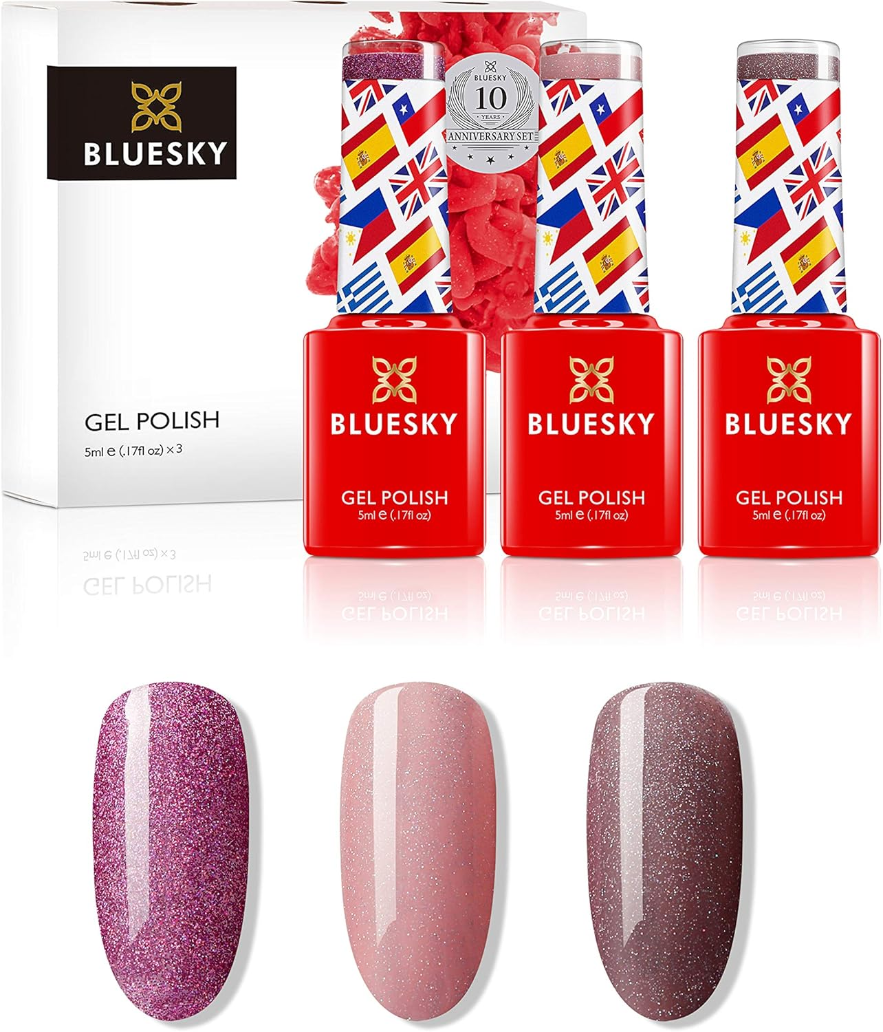 BLUESKY Gel Polish, Gel Nail Polish Set, 10 Year Anniversary - Full Collection. 9 X 5 Ml. Pink, Purple, Red, Nude, Pastel, Glitter - All 3 Sets image number 4