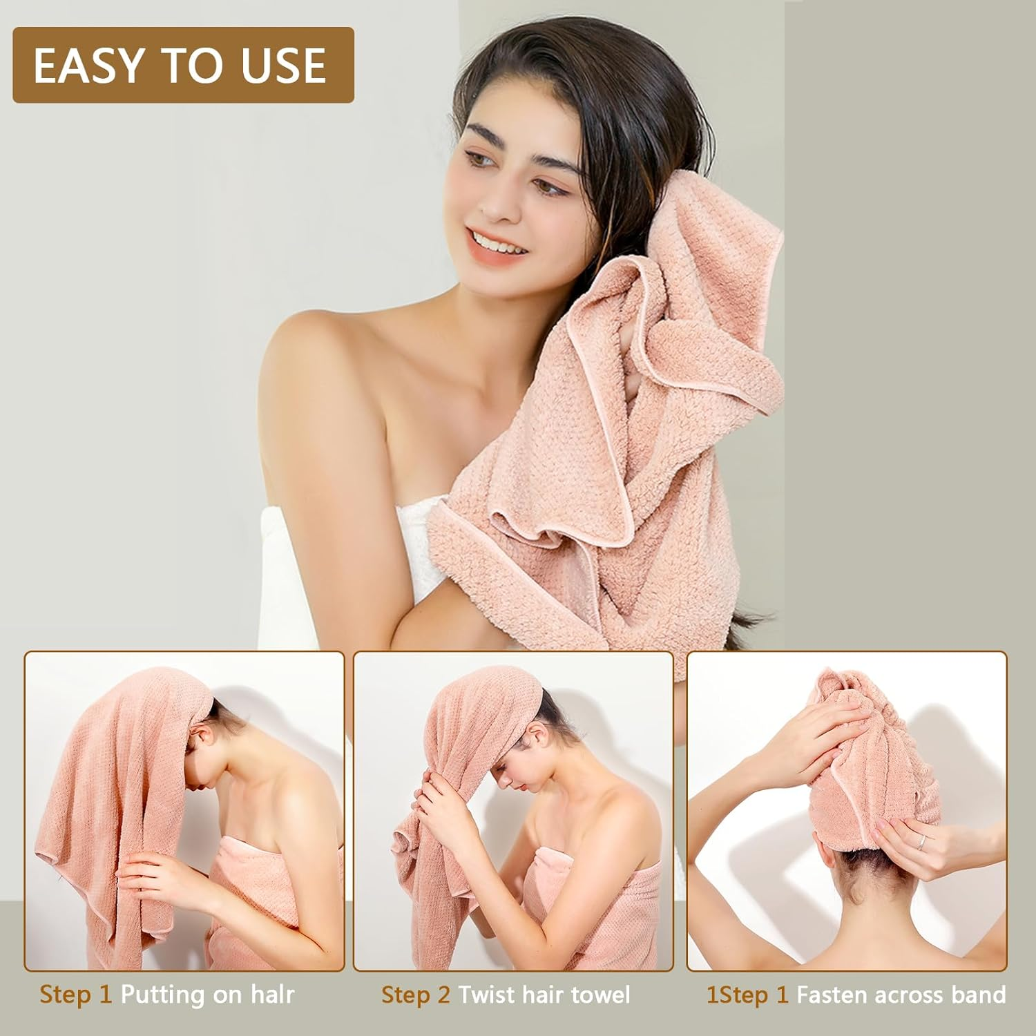 Laojbaba Microfiber Hair Towel Quick Dry Hair Towel Hair Drying Towels Suitable for All Kinds of Hair Ultra Absorbent Long and Thick Hair 24X48Inch Lotus Root Pink (1Pcs) image number 2