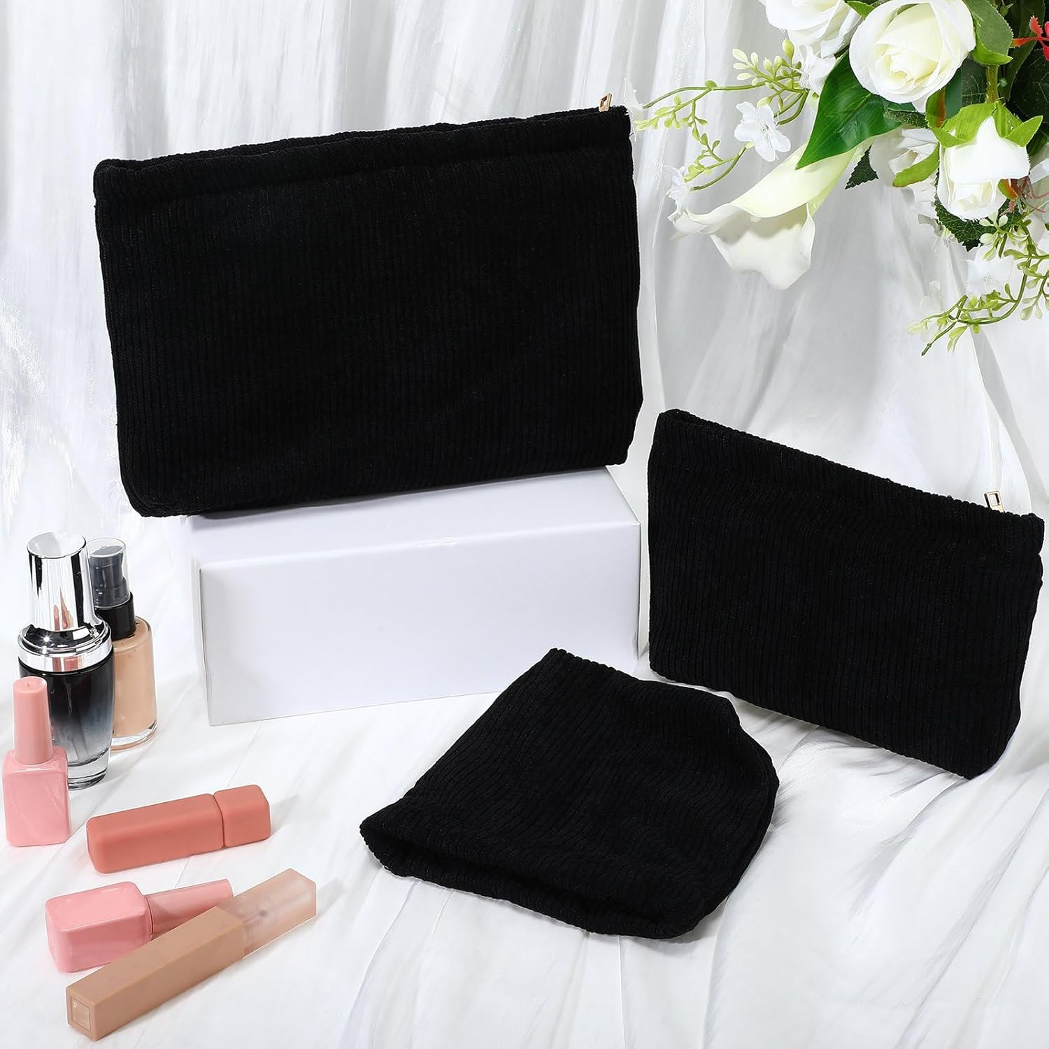 Sanwuta 3 Pack Corduroy Makeup Bag Set Cosmetic Toiletry Travel Pouch Organizer Velvet Makeup Bag for Women Large Pouch Zipper Purse Make up Organizer, Women Girls Gift, Black, Corduroy image number 2