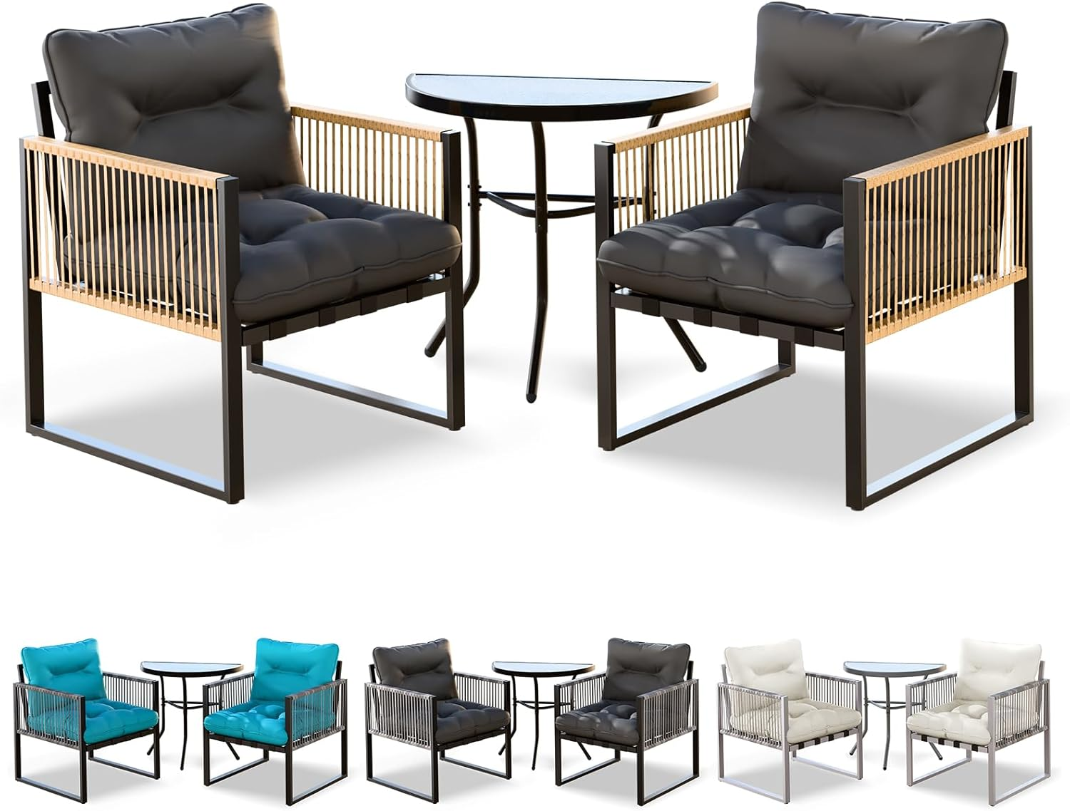 ALFORDSON 3 PCS Outdoor Patio Bistro Set, Lounge Chair & Side Table, Water-Resistant Cushions,Outdoor Table and Chair Set, 2X Armchairs and Semicircle Dia.70Cm, 64Cm(H) Coffee Table, Dark Grey image number 3