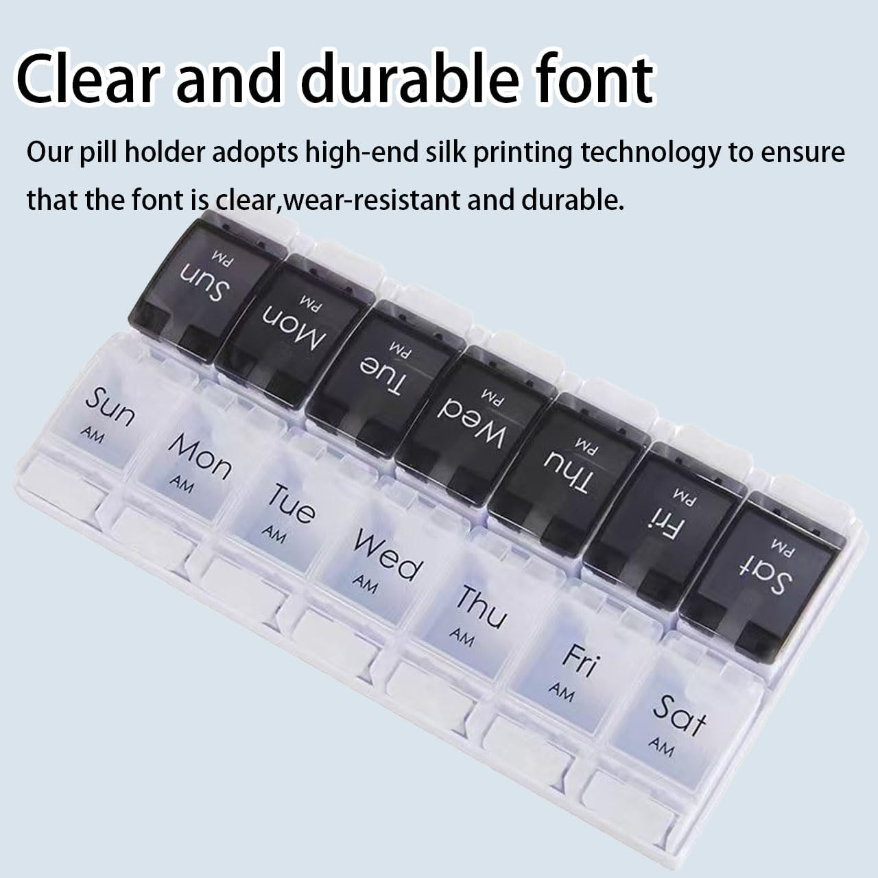 7-Day Pill Organizer (Black/White) | AM/PM Weekly Pill Case with Removable Trays & Push-Button Design | Bpa-Free, Large Capacity for Fish Oil, Vitamins, Supplements | Travel-Friendly Medication Box (14 Compartments) image number 6