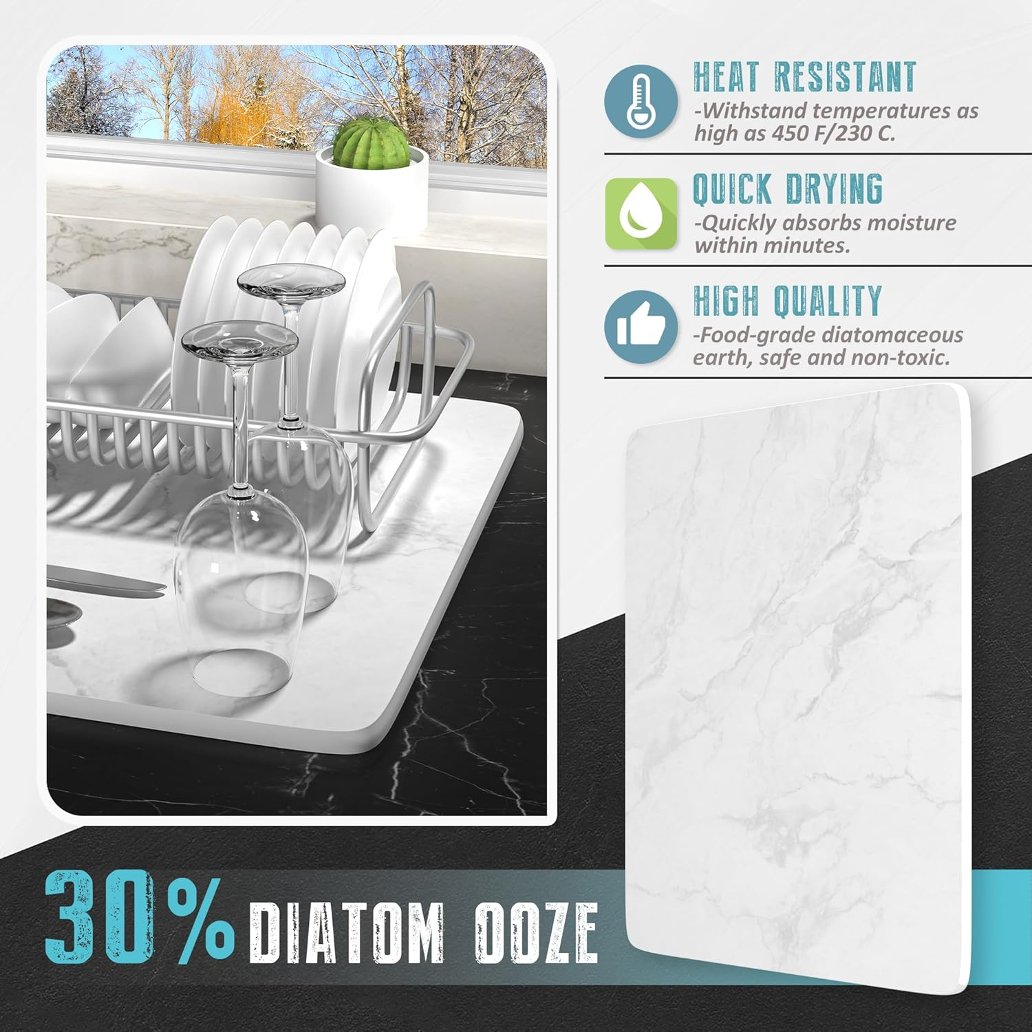 Stone Drying Mat for Kitchen Counter Marble Stone Dish Drying Mat, Super Absorbent Quick Drying Diatomite Stone Dish Drying Mat &mdash; Non-Slip & Heat Resistant, with 8 Non-Slip Mat, 16.5X12.6 White image number 3