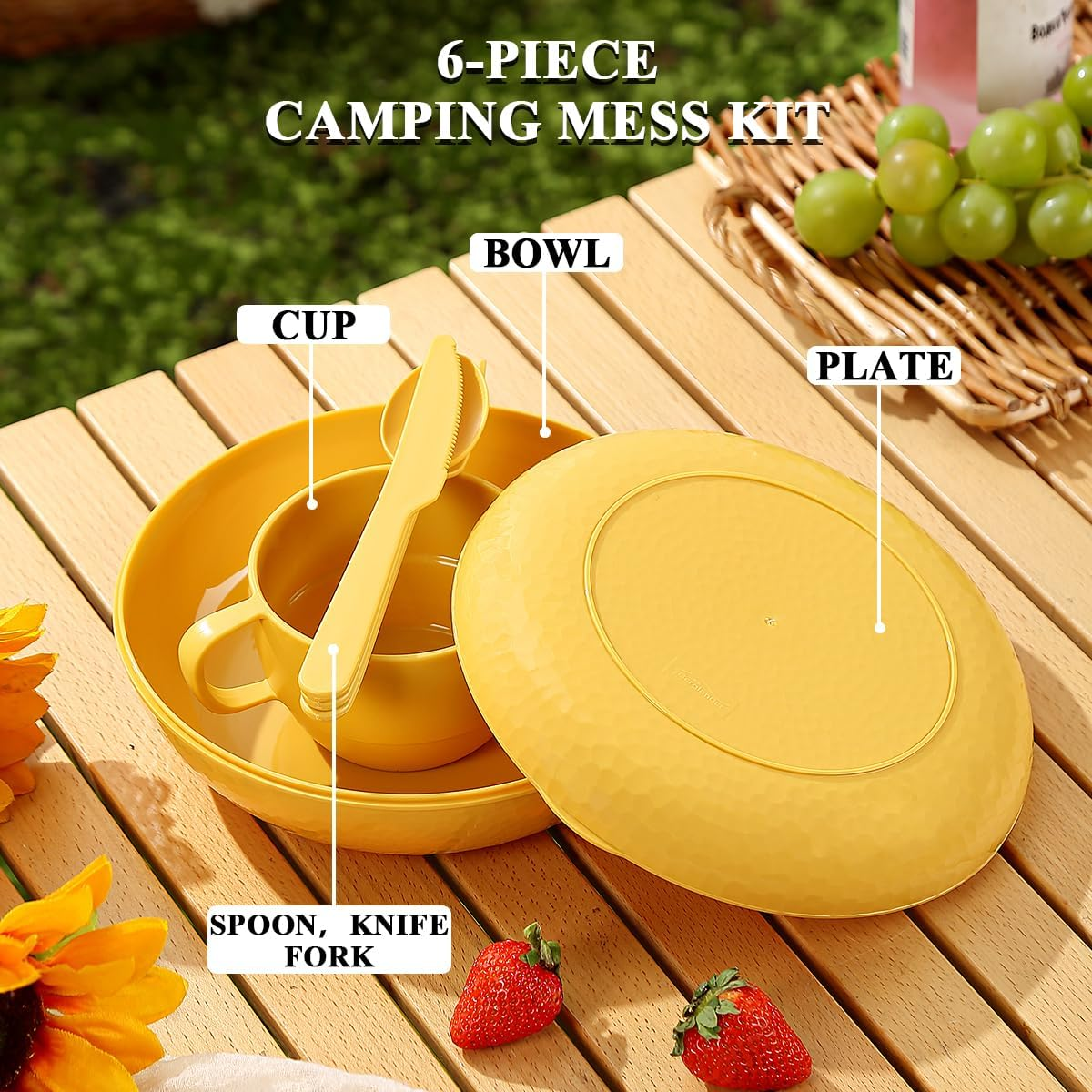 Berglander Camping Mess Kit with Bowl, Plate, Cup, Spoon, Fork, Knife and Carry Bag, save Space, Easy to Carry, Plastic Camping Essentials Utensils for Travel, Picnic, Outdoor (Gold Yellow) - 1.Gold Yellow image number 6