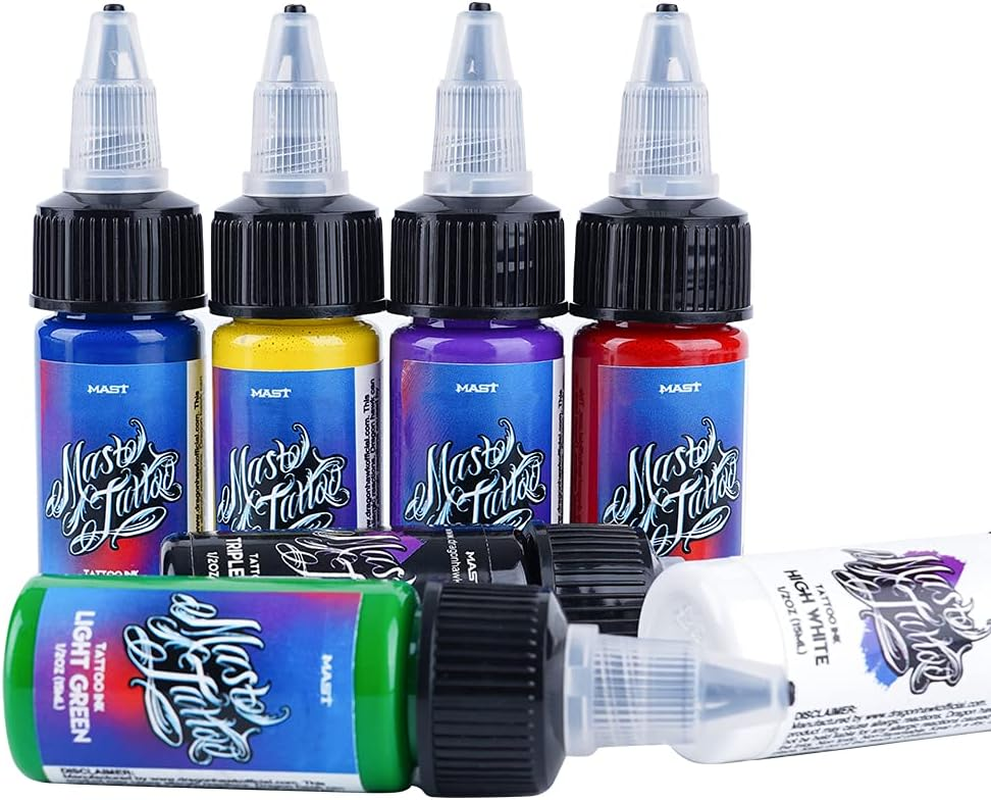Mast Tattoo Inks 1/2Oz Kit 7 Bottles Mixed Color Triple Black High White Supply image number 3