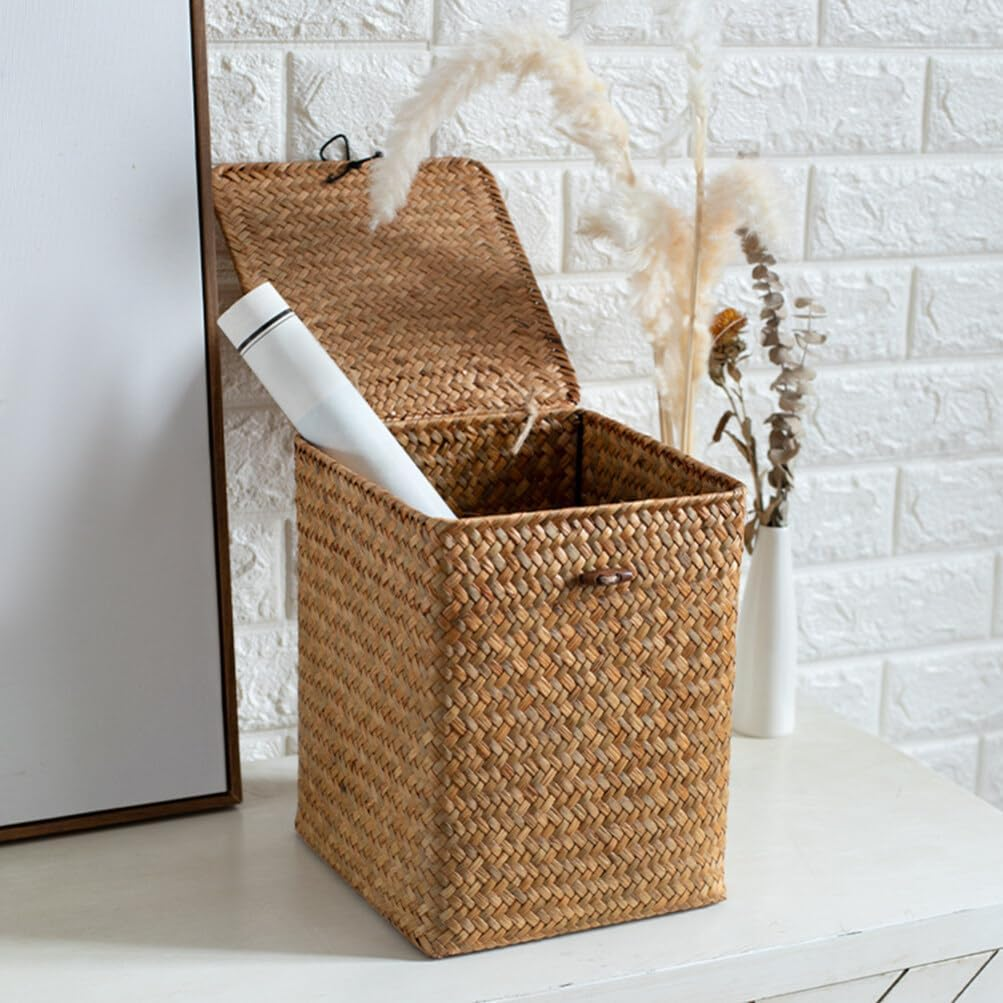 Luxshiny Seagrass Storage Box Lidded Woven for Desktop Organization and Bedroom Tidiness for Sundries and Cosmetics image number 1