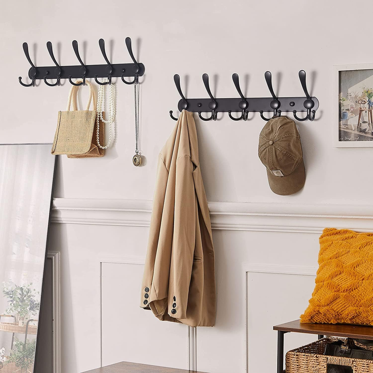Coat Rack Wall Mounted Wall Hanger,5 Tri Hooks, Heavy Duty, Stainless Steel, Metal Coat Hook Rail for Coat Hat Towel Purse Robes Mudroom Bathroom Entryway(Matte Black,2 Packs) image number 6