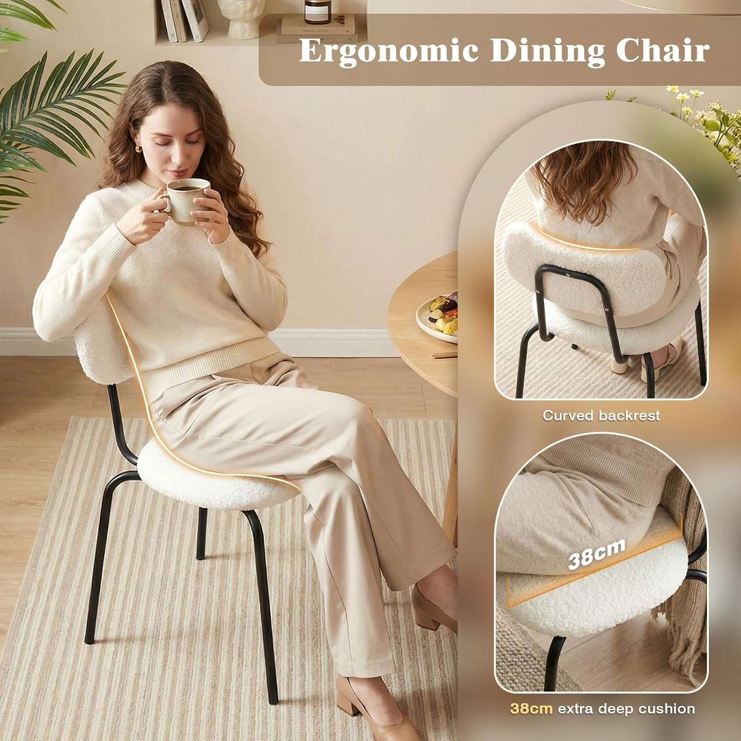 Advwin Dining Chairs Set of 4 round Kitchen Chair, Reading Seating with Metal Legs, Nursing Seat,Home Furniture for Dining Room,Living Room,Cafe,Meeting Room Beige image number 2