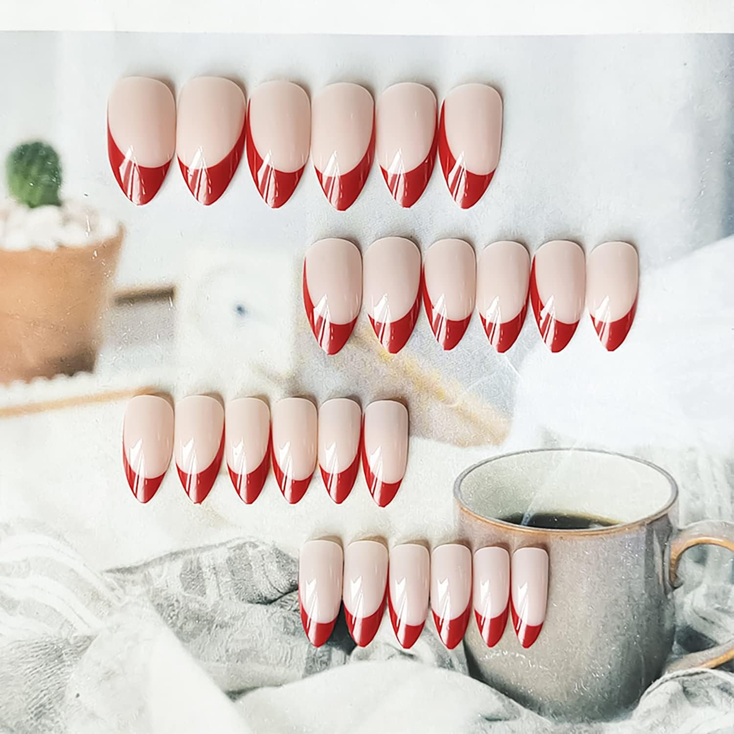 RIICFDD French Tip Press on Nails Medium Almond Fake Nails Red Oblique Tip Nude Pink Glossy Acrylic False Nails Kit for Women Girls Artificial Nails 24 Pcs - Mo-8 image number 2
