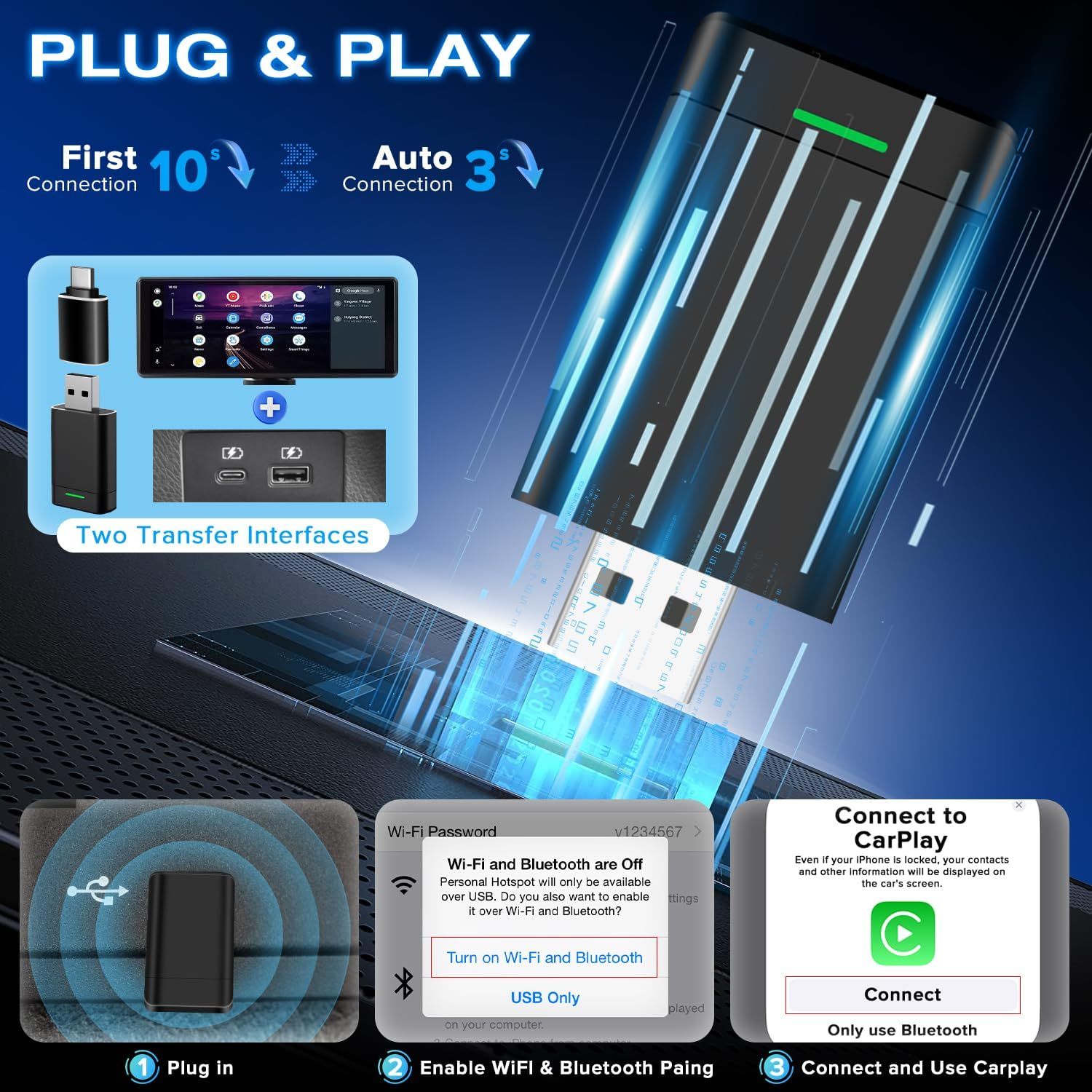 Wireless Carplay Adapter & Android Auto Adapter, Yakiter 2 in 1 Carplay Box, Retains Original Car Controls, Plug & Play Wireless Dongle for Iphone Ios 10+/ Android 11+/ Cars 2017+